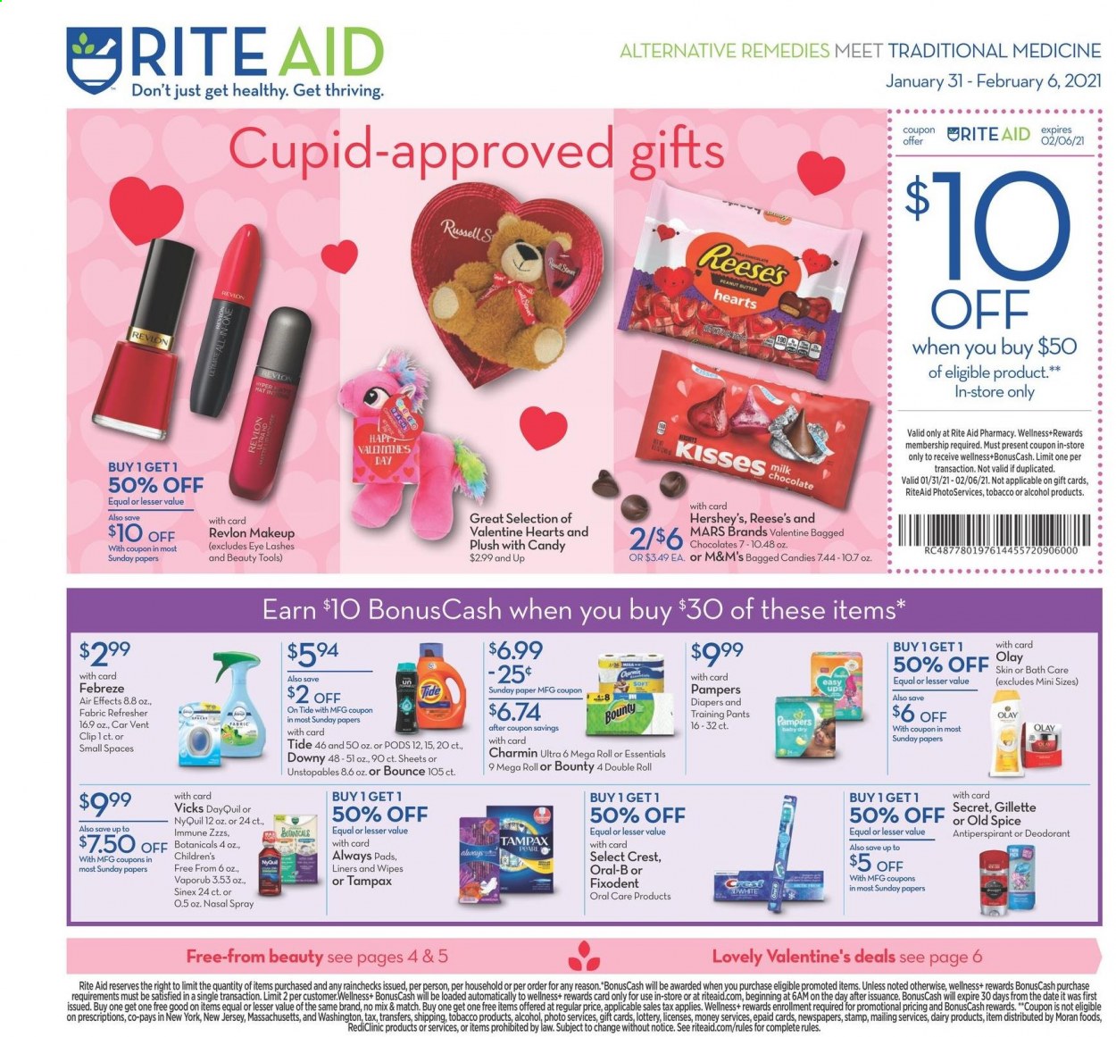 thumbnail - RITE AID Flyer - 01/31/2021 - 02/06/2021 - Sales products - milk, Reese's, Hershey's, chocolate, Bounty, Mars, M&M's, peanut butter, alcohol, Pampers, baby pants, Charmin, Febreze, wipes, Tide, Unstopables, Bounce, Old Spice, Oral-B, Fixodent, Crest, Tampax, Always pads, Olay, refresher, Revlon, anti-perspirant, deodorant, Gillette, Vicks, makeup, DayQuil, NyQuil, VapoRub, nasal spray, Sinex. Page 1.