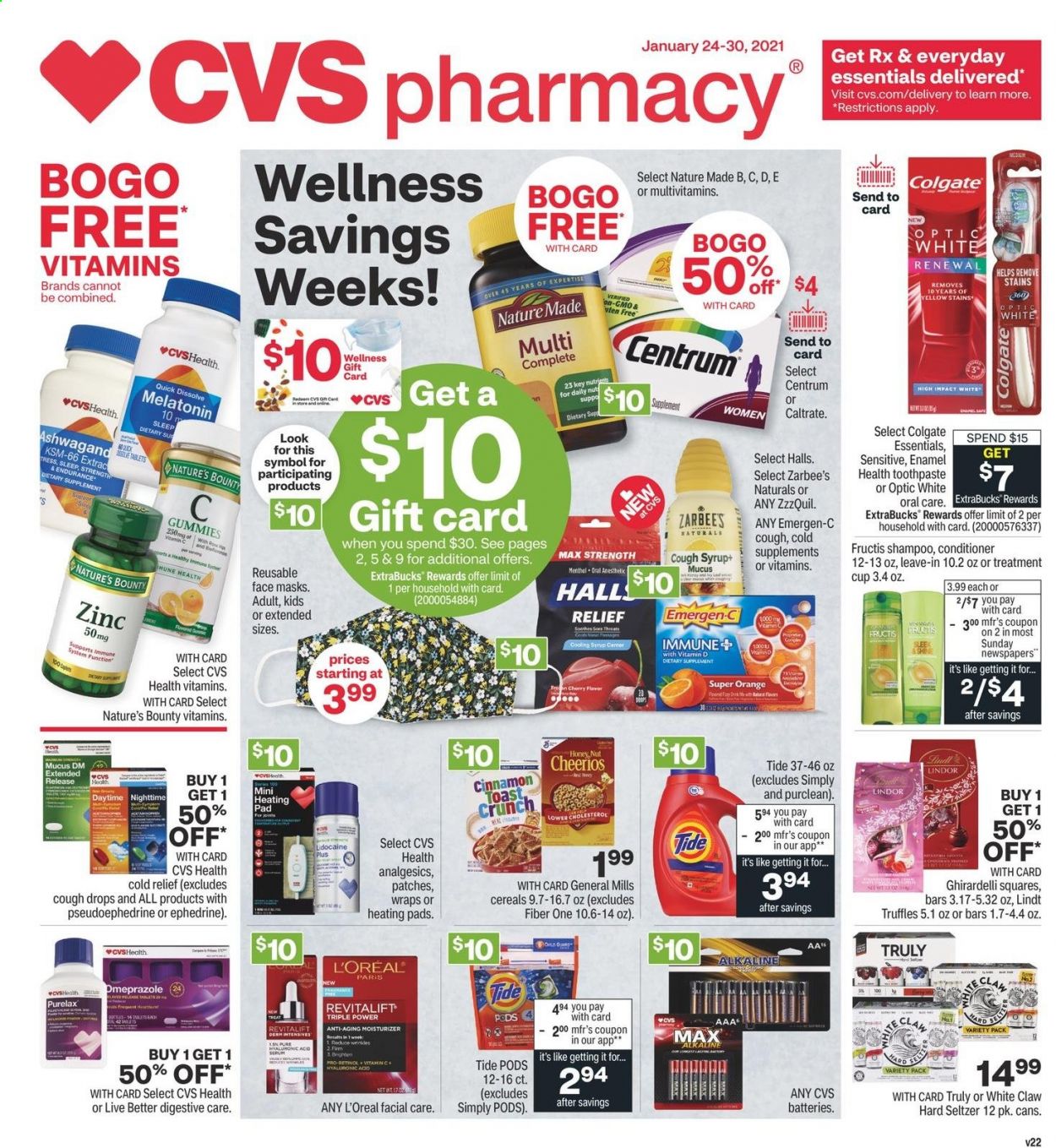 thumbnail - CVS Pharmacy Flyer - 01/31/2021 - 02/06/2021 - Sales products - Halls, Lindt, Lindor, Bounty, truffles, Digestive, Ghirardelli, cereals, Cheerios, Fiber One, seltzer water, White Claw, Hard Seltzer, TRULY, Tide, shampoo, Colgate, toothpaste, Purelax, L’Oréal, moisturizer, conditioner, Fructis, battery, heating pad, Melatonin, multivitamin, Nature Made, Nature's Bounty, vitamin c, ZzzQuil, syrup, zinc, Emergen-C, cough drops, Centrum, dietary supplement, face mask. Page 1.