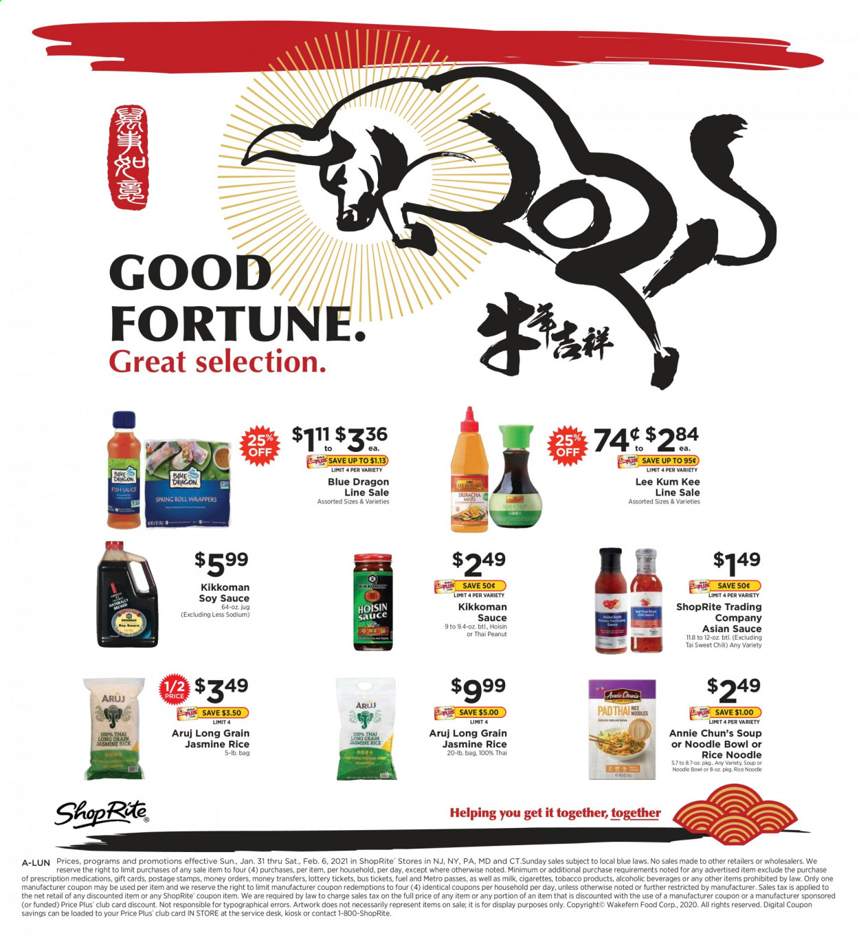 thumbnail - ShopRite Flyer - 01/31/2021 - 02/06/2021 - Sales products - soup, sauce, milk, rice, jasmine rice, noodles, soy sauce, hoisin sauce, Kikkoman, Lee Kum Kee, peanuts, bowl. Page 1.