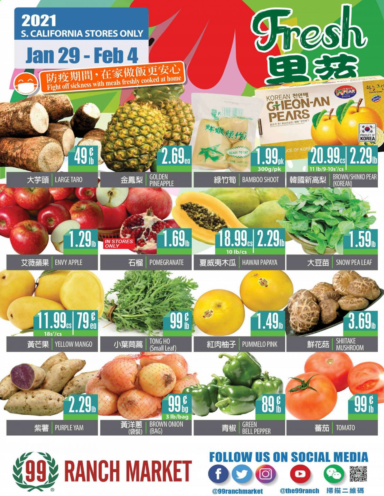 thumbnail - 99 Ranch Market Flyer - 01/29/2021 - 02/04/2021 - Sales products - mushrooms, bell peppers, papaya, pears, mango, pepper, pineapple. Page 1.