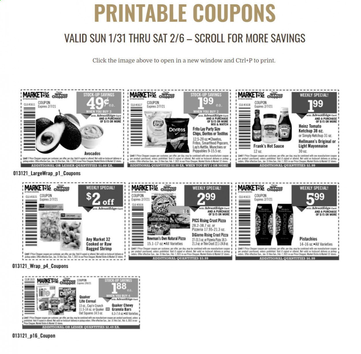 thumbnail - Price Chopper Flyer - Sales products - shrimps, sauce, Quaker, curd, mayonnaise, Hellmann’s, Doritos, chips, Lay’s, Smartfood, popcorn, Tostitos, oats, Heinz, cereals, Fritos, granola bar, Cap'n Crunch, hot sauce, ketchup, pistachios. Page 1.