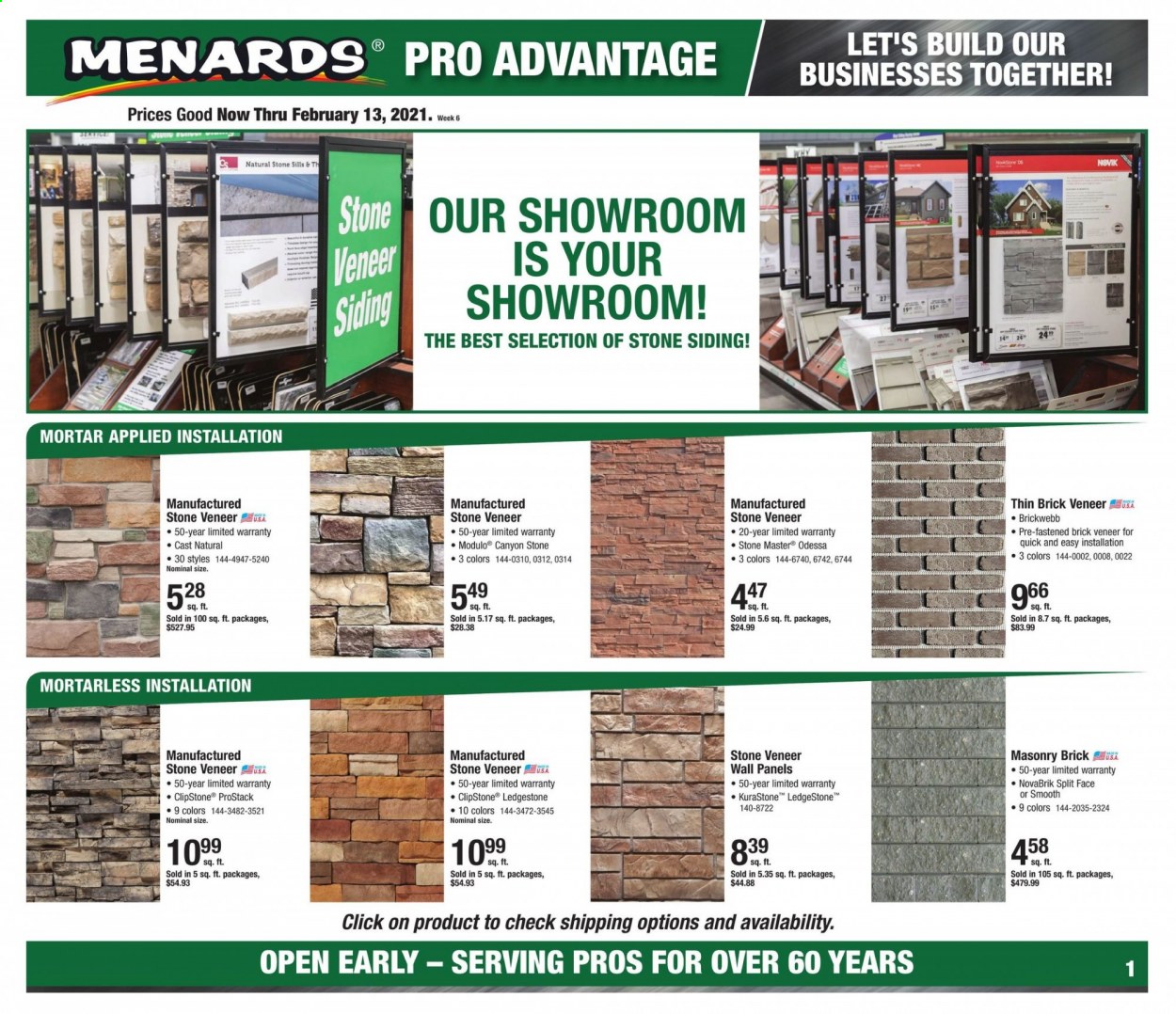 thumbnail - Menards Flyer - 01/31/2021 - 02/13/2021 - Sales products - wall paneling, siding, brick. Page 1.