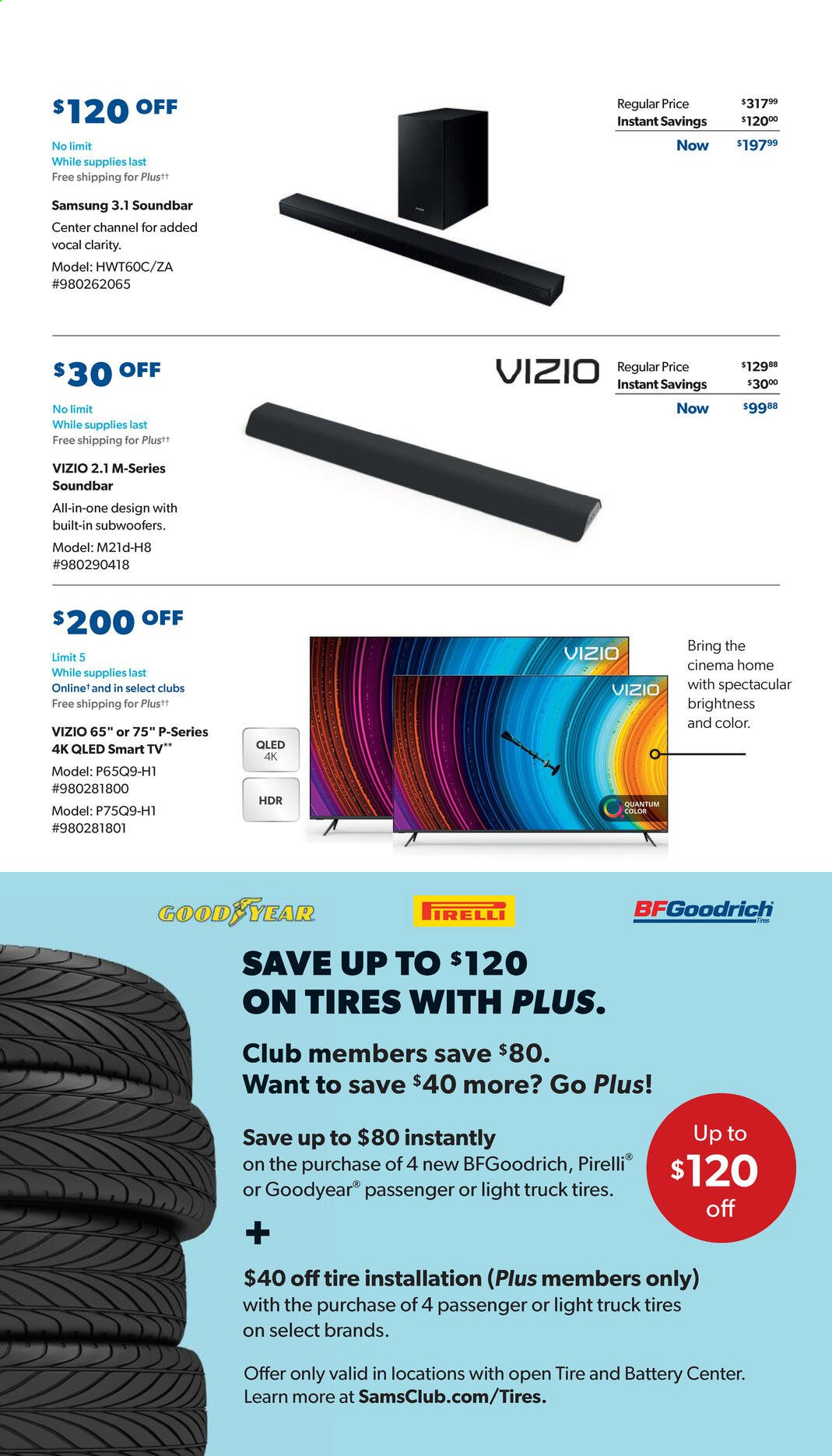 thumbnail - Sam's Club Flyer - 01/27/2021 - 02/21/2021 - Sales products - Vizio, Samsung, smart tv, TV, sound bar, BF Goodrich, Goodyear, tires. Page 15.