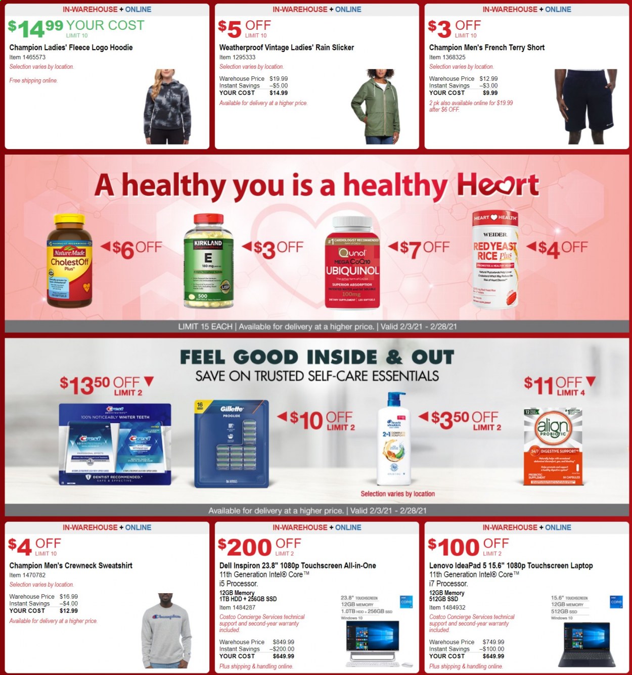 thumbnail - Costco Flyer - 02/03/2021 - 02/28/2021 - Sales products - Dell, Lenovo, Digestive, rice, Gillette, laptop, Inspiron, touchscreen laptop, Intel, rain coat, hoodie, sweatshirt, shorts, Qunol. Page 2.