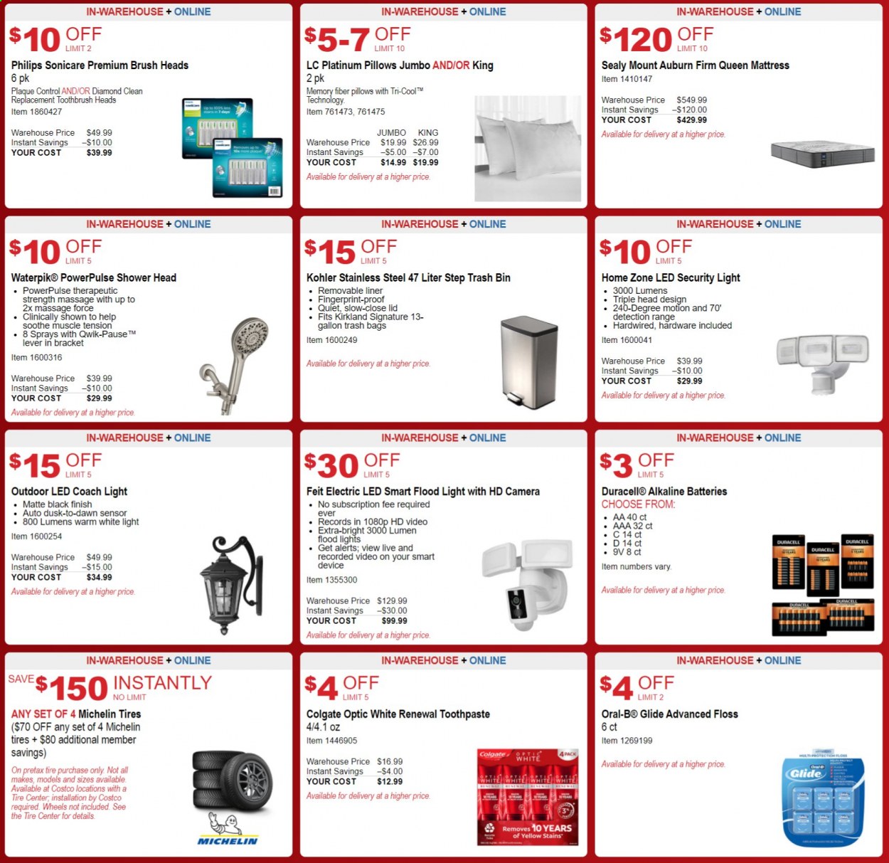 thumbnail - Costco Flyer - 02/03/2021 - 02/28/2021 - Sales products - showerhead, mattress, gallon, Philips, Colgate, toothbrush, Oral-B, toothpaste, trash bags, bin, battery, Duracell, alkaline batteries, pillow, camera, Sonicare, bag, floodlight, Michelin, tires. Page 4.
