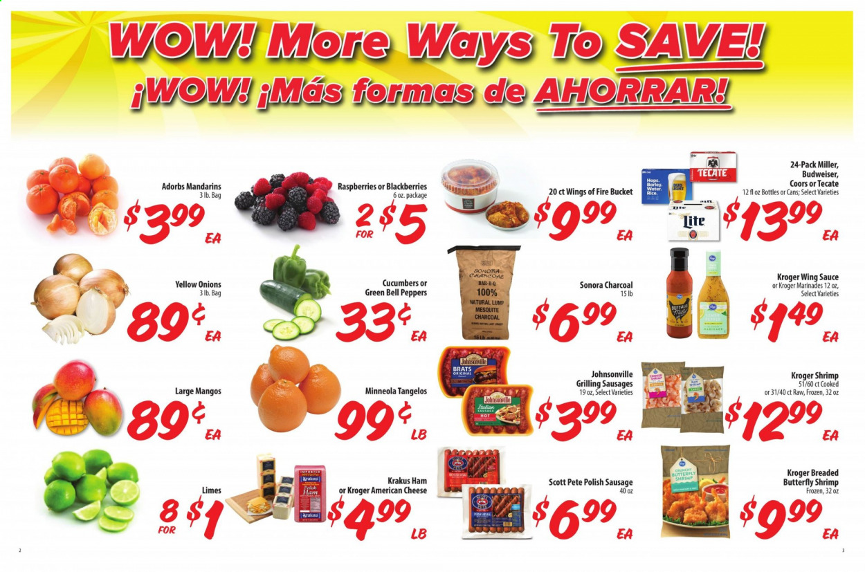 thumbnail - Food 4 Less Flyer - 02/03/2021 - 02/09/2021 - Sales products - Budweiser, Coors, bell peppers, blackberries, raspberries, tangelos, Johnsonville, shrimps, ham, sausage, polish sausage, italian sausage, american cheese, cheese, mango, cucumber, mandarines, wing sauce, beer, Bud Light, Miller, charcoal. Page 2.