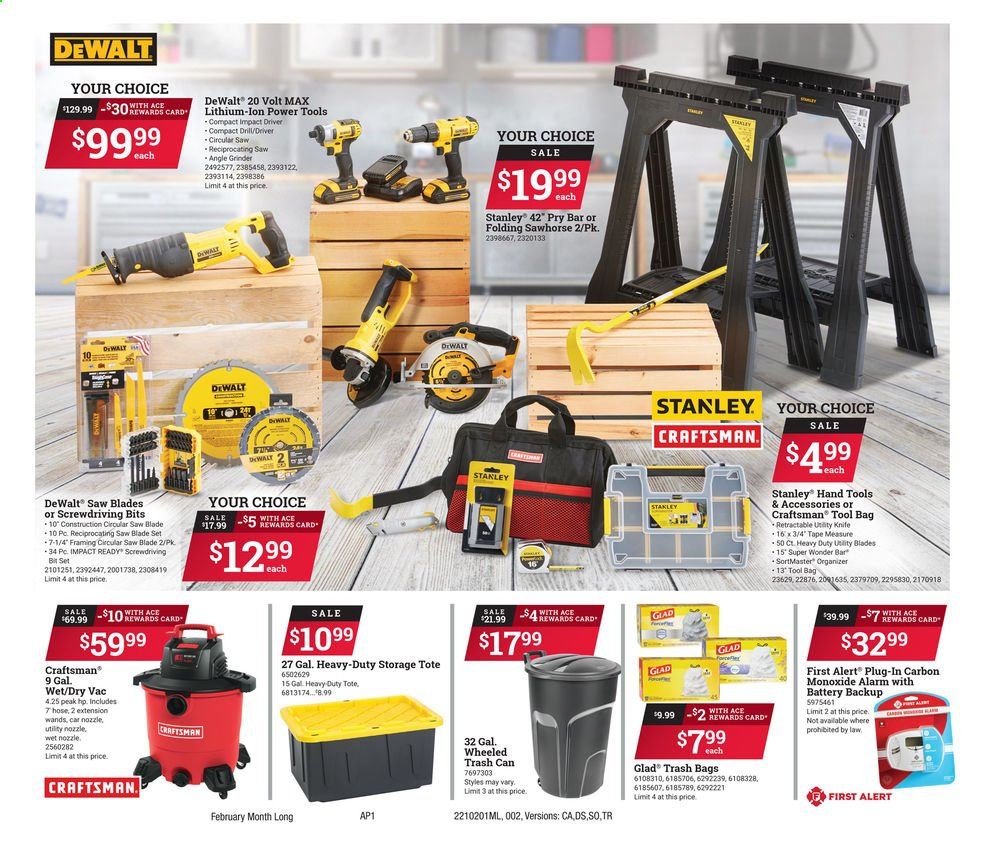 thumbnail - ACE Hardware Flyer - 02/01/2021 - 02/28/2021 - Sales products - Ace, tools & accessories, trash bags, trash can, grinder, battery, alarm, carbon monoxide alarm, vacuum cleaner, bag, Stanley, DeWALT, drill, impact driver, power tools, Craftsman, circular saw blade, circular saw, saw, angle grinder, reciprocating saw, reciprocating saw blade, pry bar, tote, hand tools, measuring tape, storage tote, utility knife, tool bag. Page 2.