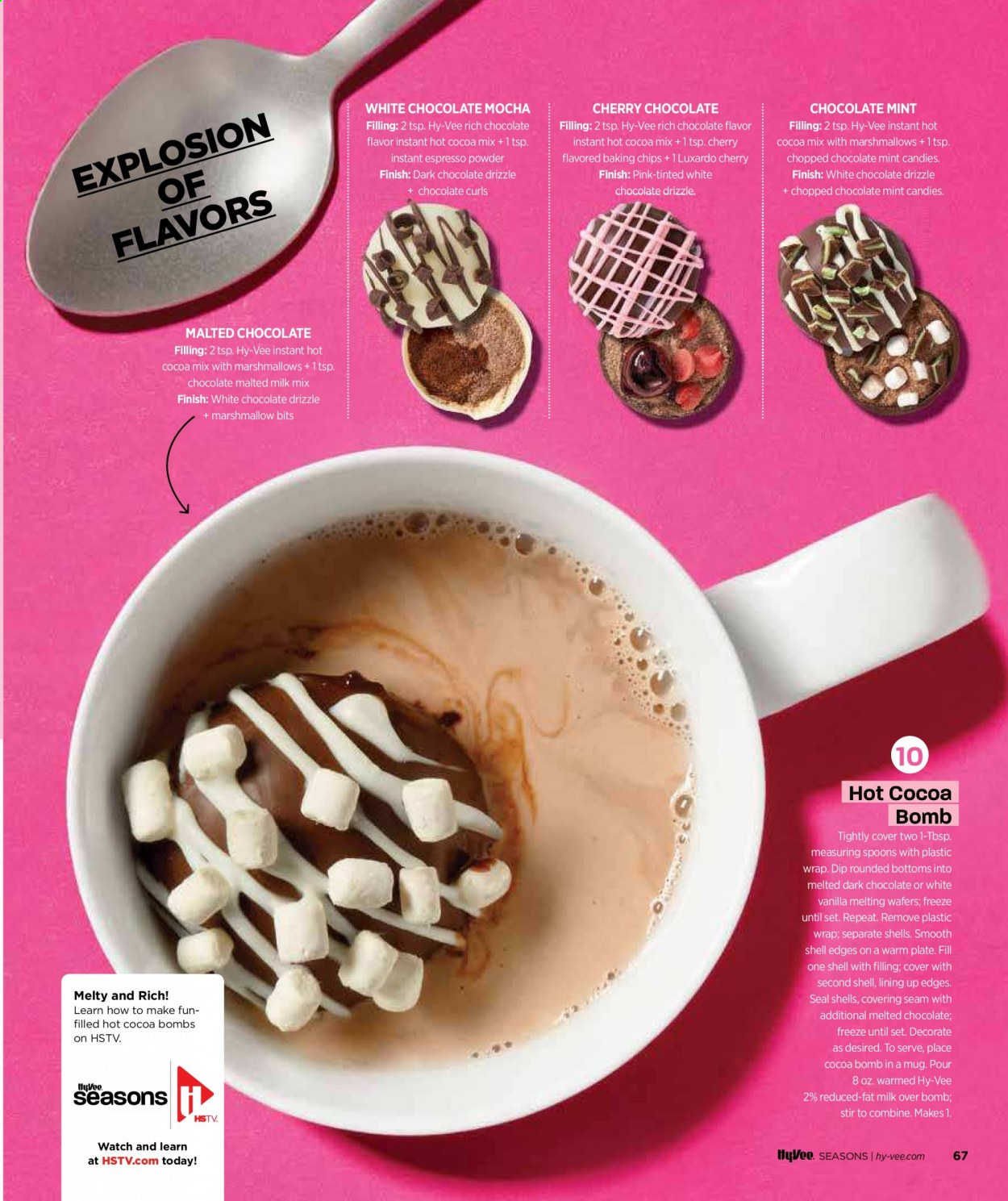 thumbnail - Hy-Vee Flyer - 02/01/2021 - 02/28/2021 - Sales products - milk, dip, marshmallows, wafers, white chocolate, chocolate, dark chocolate, baking chips, hot cocoa, mug, spoon, plate, watch. Page 71.