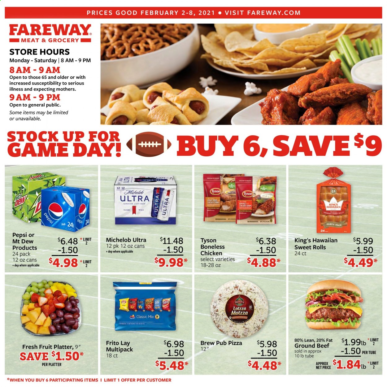 thumbnail - Fareway Flyer - 02/02/2021 - 02/08/2021 - Sales products - Michelob, pizza, Pepsi, beer, beef meat, ground beef. Page 1.