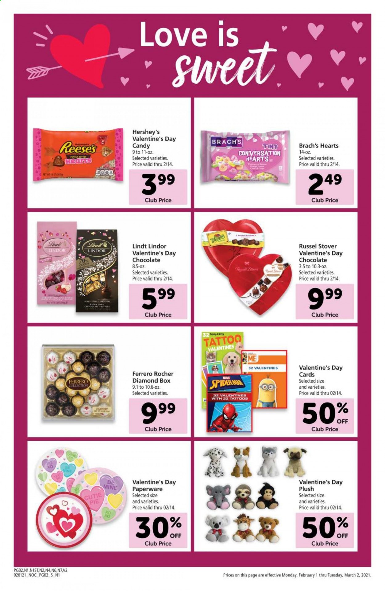 thumbnail - Safeway Flyer - 02/01/2021 - 03/02/2021 - Sales products - pie, Reese's, Hershey's, chocolate, Lindt, Lindor, Ferrero Rocher, wine, Spiderman, Valentine's Day Card. Page 2.