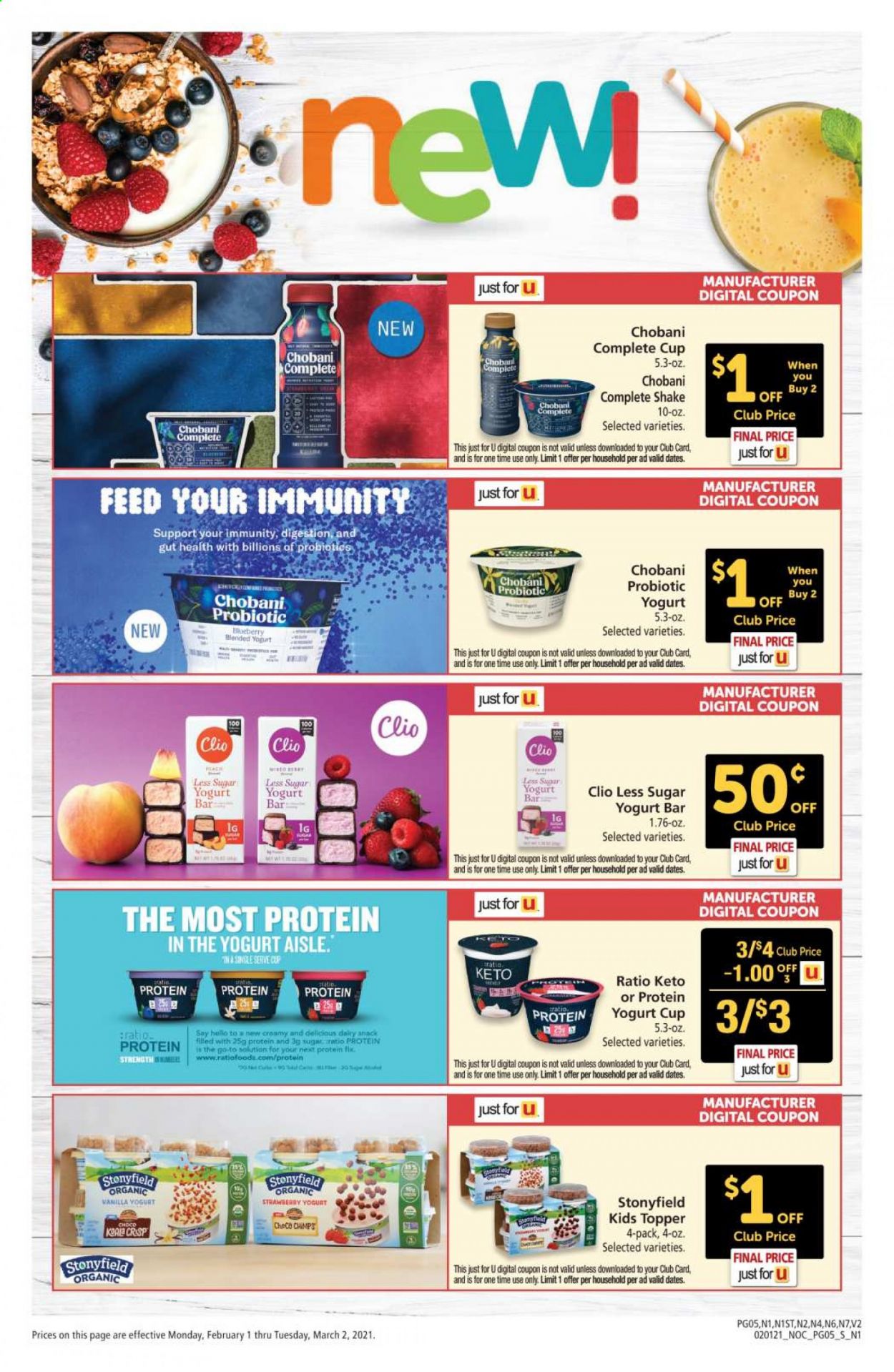 thumbnail - Safeway Flyer - 02/01/2021 - 03/02/2021 - Sales products - yoghurt, probiotic yoghurt, Chobani, shake, dried dates, probiotics. Page 5.