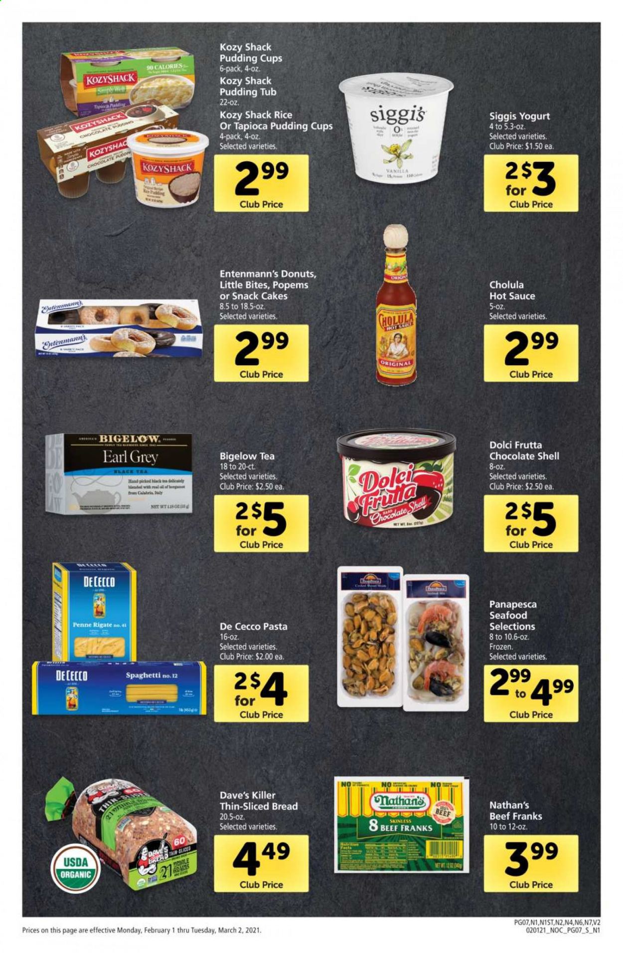 thumbnail - Safeway Flyer - 02/01/2021 - 03/02/2021 - Sales products - bread, cake, donut, Entenmann's, Little Bites, seafood, sauce, pudding, yoghurt, chocolate, snack, spaghetti, pasta, penne, hot sauce, tea. Page 7.