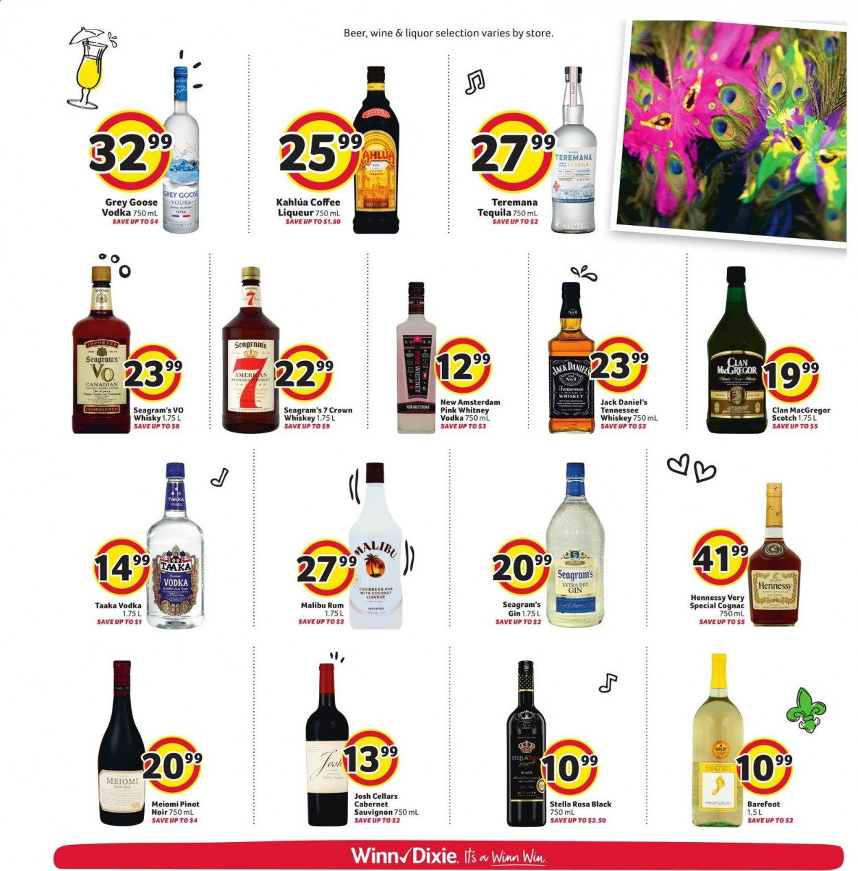 thumbnail - Winn Dixie Flyer - 02/03/2021 - 02/09/2021 - Sales products - Jack Daniel's, coffee, Cabernet Sauvignon, wine, Pinot Noir, cognac, gin, liqueur, rum, Tennessee Whiskey, tequila, vodka, whiskey, Kahlúa, Hennessy, liquor, Malibu, beer. Page 12.