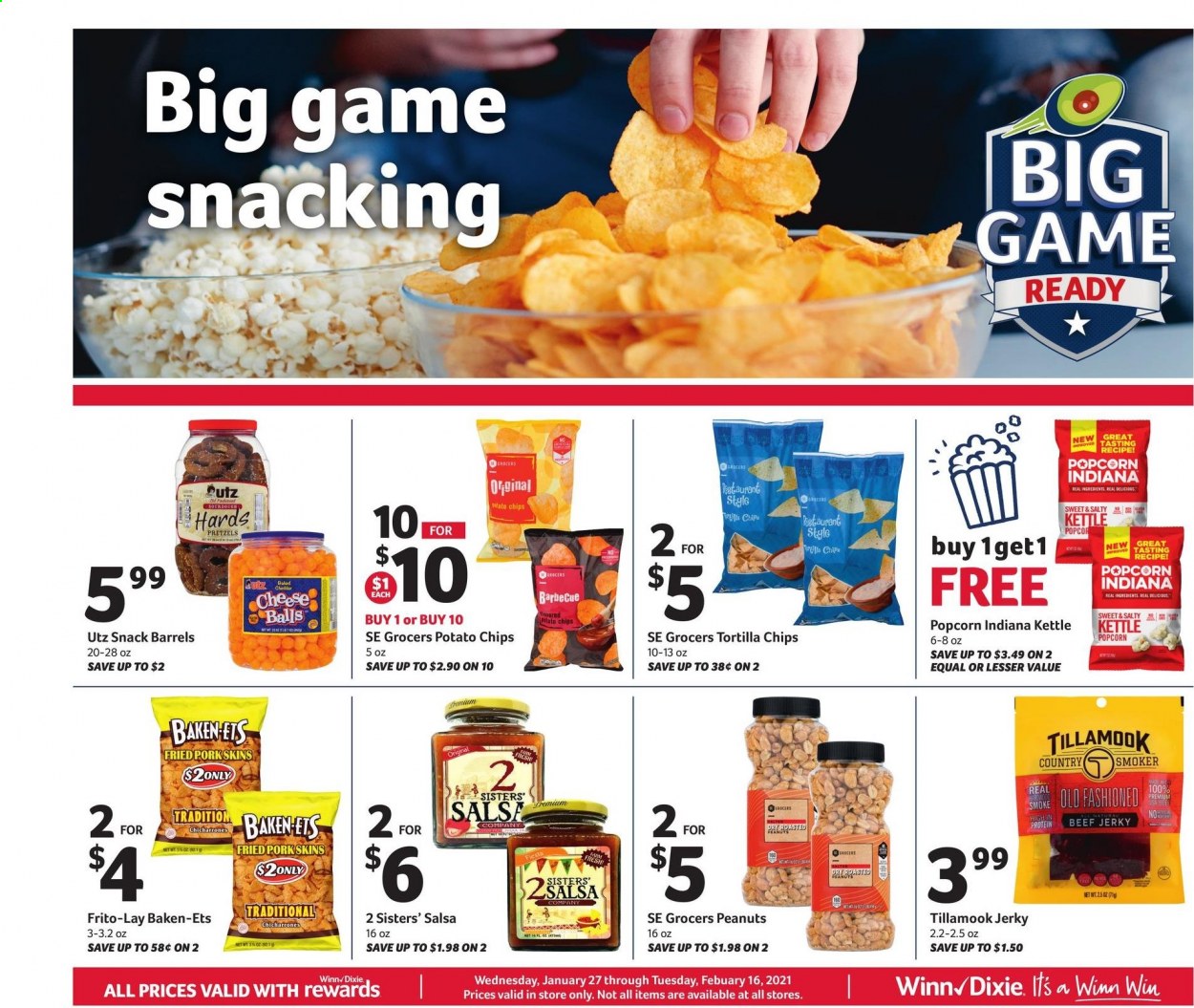 thumbnail - Winn Dixie Flyer - 01/27/2021 - 02/16/2021 - Sales products - pretzels, beef jerky, jerky, cheddar, cheese, salsa, tortilla chips, potato chips, chips, snack, popcorn, Frito-Lay, roasted peanuts, peanuts. Page 4.