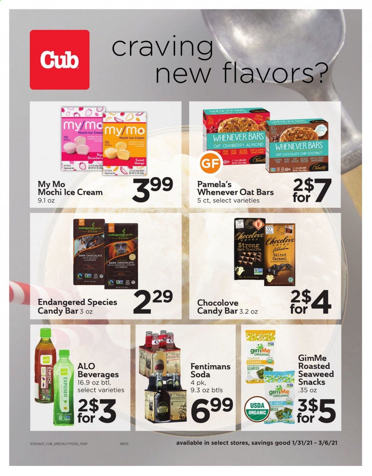 thumbnail - Cub Foods Flyer - 01/31/2021 - 03/06/2021 - Sales products - coconut, ice cream, mango, dark chocolate, snack bar, snack, seaweed, cinnamon, almonds, soda. Page 1.