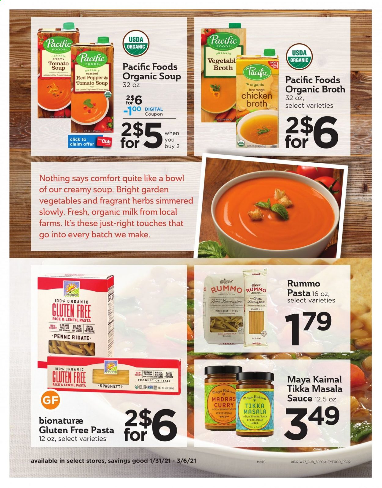 thumbnail - Cub Foods Flyer - 01/31/2021 - 03/06/2021 - Sales products - tomato soup, soup, sauce, organic milk, starch, chicken broth, broth, rice, spaghetti, pasta, penne, herbs, Tikka Masala, Sol. Page 2.