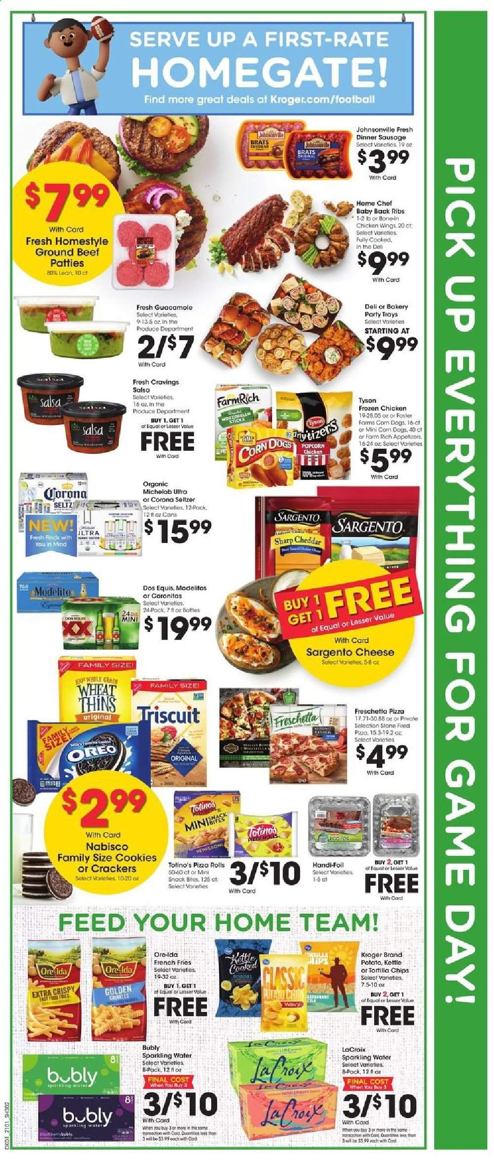 thumbnail - Kroger Flyer - 02/03/2021 - 02/09/2021 - Sales products - pizza rolls, Johnsonville, pizza, sausage, guacamole, mozzarella, cheddar, cheese, Sargento, Oreo, salsa, corn, chicken wings, chicken corn, potato fries, french fries, Ore-Ida, cookies, crackers, Thins, popcorn, seltzer water, sparkling water, beer, Dos Equis, Michelob, Corona Extra, beef meat, ground beef, pork meat, pork back ribs, Sharp, kettle. Page 2.