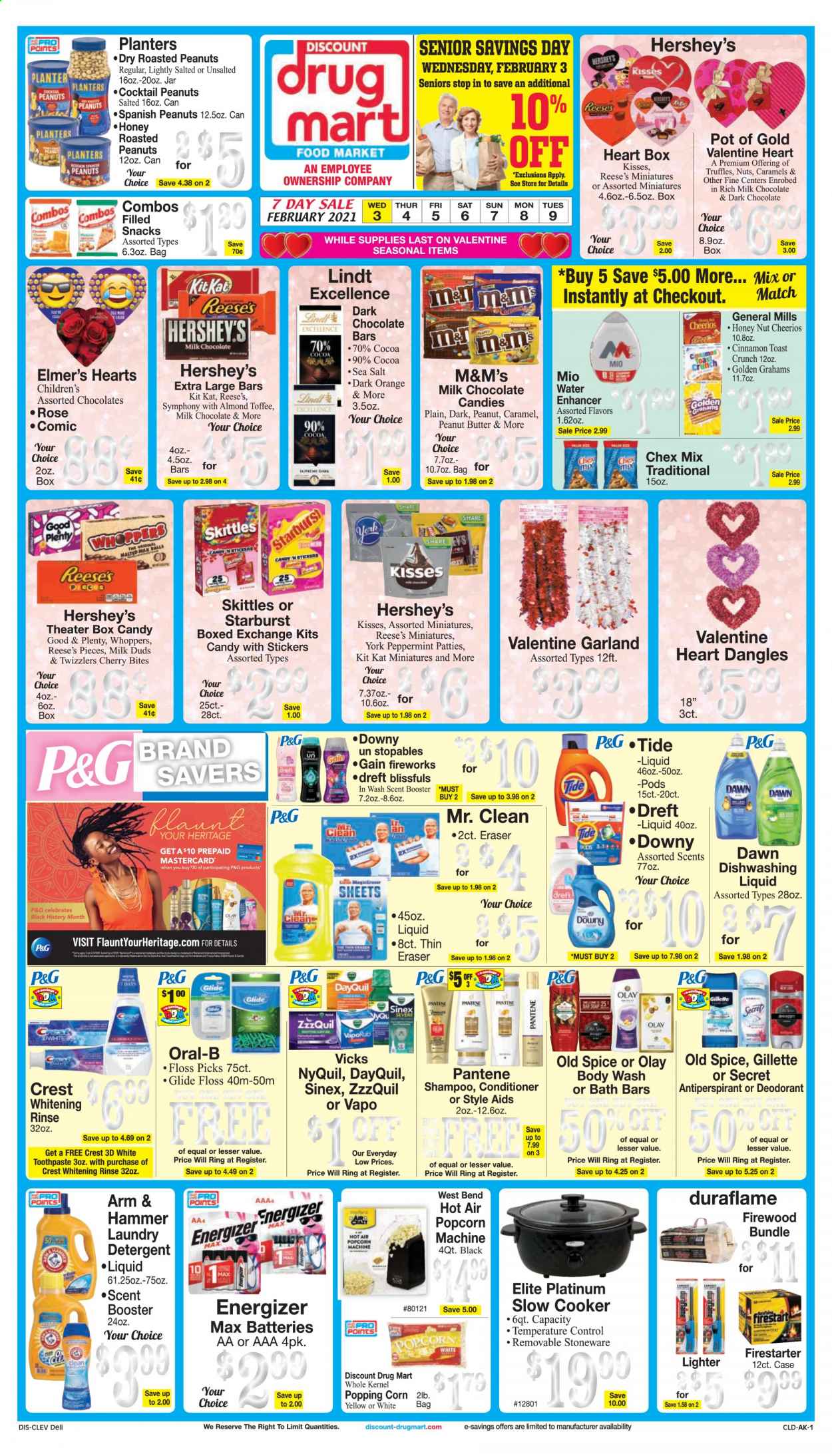 thumbnail - Discount Drug Mart Flyer - 02/03/2021 - 02/09/2021 - Sales products - toast bread, oranges, Reese's, Hershey's, corn, milk chocolate, Milk Duds, Lindt, truffles, KitKat, toffee, M&M's, dark chocolate, Skittles, chocolate candies, Starburst, snack, Chex Mix, ARM & HAMMER, cocoa, sea salt, Cheerios, cinnamon, caramel, peanut butter, roasted peanuts, Planters, Plenty, detergent, Gain, Tide, laundry detergent, Gain Fireworks, dishwashing liquid, body wash, shampoo, Old Spice, Oral-B, toothpaste, Crest, Olay, conditioner, Pantene, anti-perspirant, deodorant, Gillette, Vicks, pot, stoneware, eraser, battery, Energizer, rose, DayQuil, ZzzQuil, NyQuil, VapoRub, Sinex. Page 1.