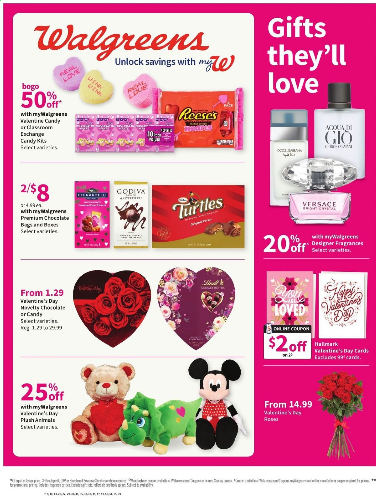 thumbnail - Walgreens Flyer - 02/07/2021 - 02/13/2021 - Sales products - Dolce & Gabbana, Giorgio Armani, Versace, Reese's, milk chocolate, chocolate, Lindt, truffles, Godiva, dark chocolate, Ghirardelli, caramel, peanuts, fragrance, Valentine's Day Card. Page 1.