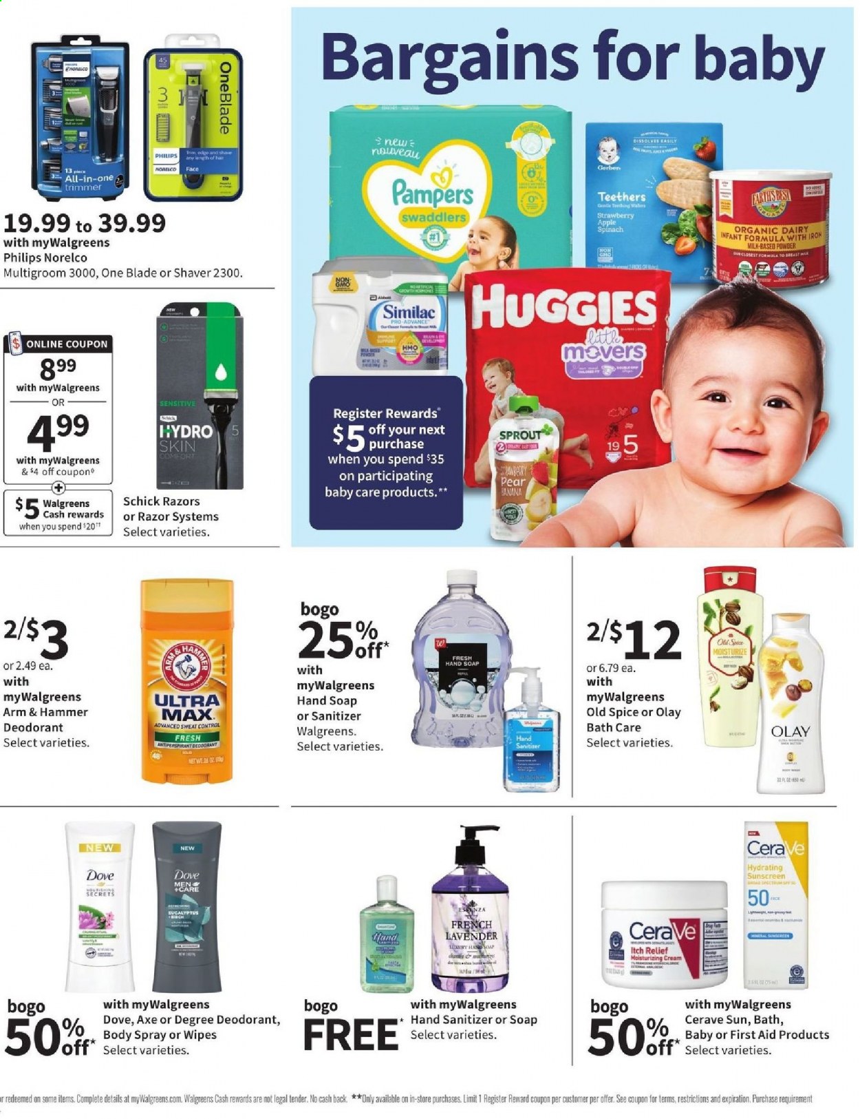 thumbnail - Walgreens Flyer - 02/07/2021 - 02/13/2021 - Sales products - milk, ARM & HAMMER, Huggies, Pampers, wipes, Dove, hand soap, Old Spice, soap, CeraVe, Olay, body spray, anti-perspirant, deodorant, razor, Schick, hand sanitizer, Philips, Apple, rode. Page 14.