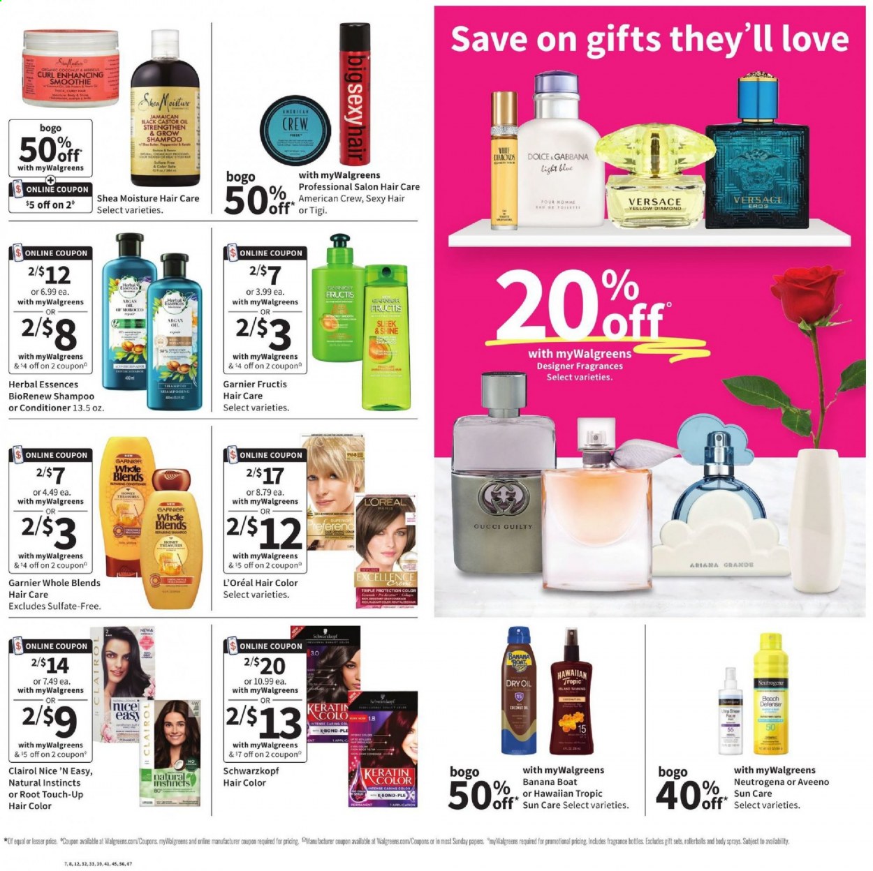 thumbnail - Walgreens Flyer - 02/07/2021 - 02/13/2021 - Sales products - Dolce & Gabbana, Gucci, Versace, honey, smoothie, Aveeno, shampoo, Schwarzkopf, coconut oil, Garnier, L’Oréal, Neutrogena, Root Touch-Up, Clairol, conditioner, hair color, Herbal Essences, keratin, Fructis, fragrance, argan oil. Page 15.