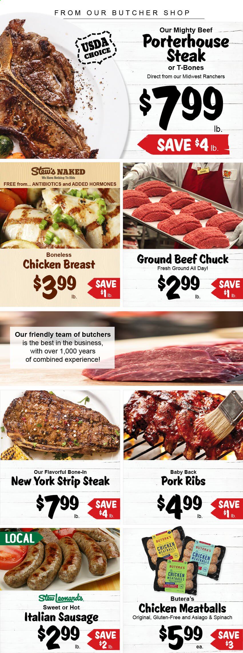 thumbnail - Stew Leonard's Flyer - 02/03/2021 - 02/09/2021 - Sales products - chicken breasts, beef meat, ground beef, steak, striploin steak, pork meat, pork ribs, pork back ribs, meatballs, sausage, italian sausage, asiago. Page 1.