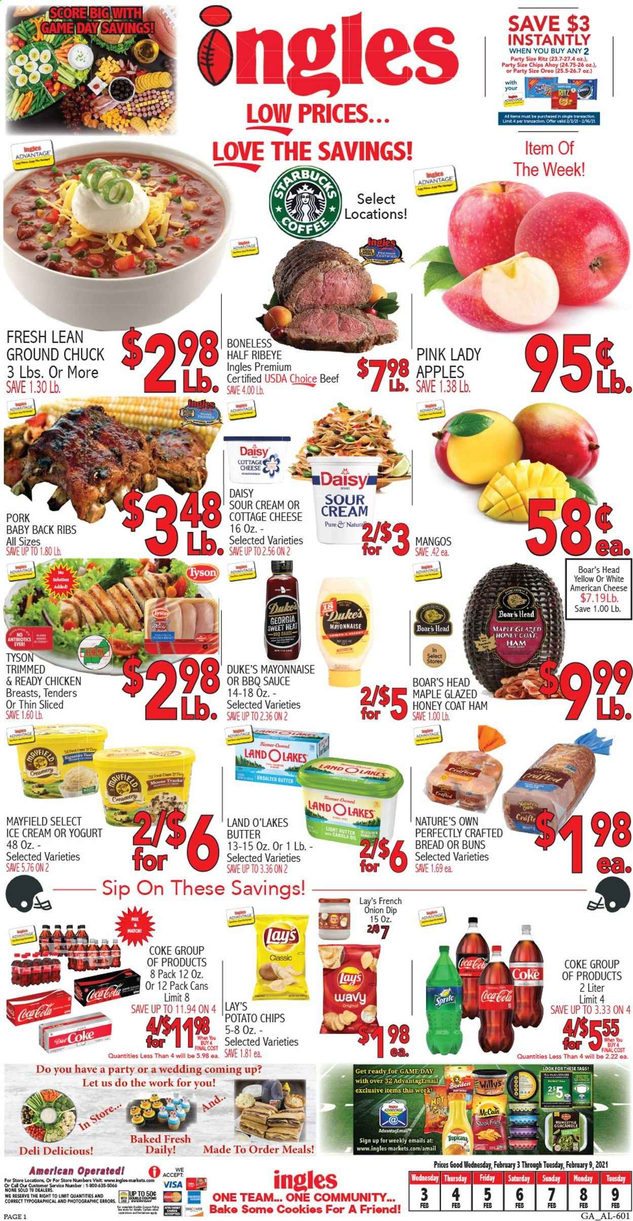 thumbnail - Ingles Flyer - 02/03/2021 - 02/09/2021 - Sales products - bread, buns, apples, sauce, ham, american cheese, cottage cheese, cheese, Oreo, yoghurt, butter, sour cream, mayonnaise, dip, ice cream, mango, McCain, potato fries, cookies, RITZ, chips, Lay’s, BBQ sauce, honey, Coca-Cola, Sprite, coffee, chicken breasts, ground chuck, steak, pork meat, pork back ribs, pan, Nature's Own. Page 1.
