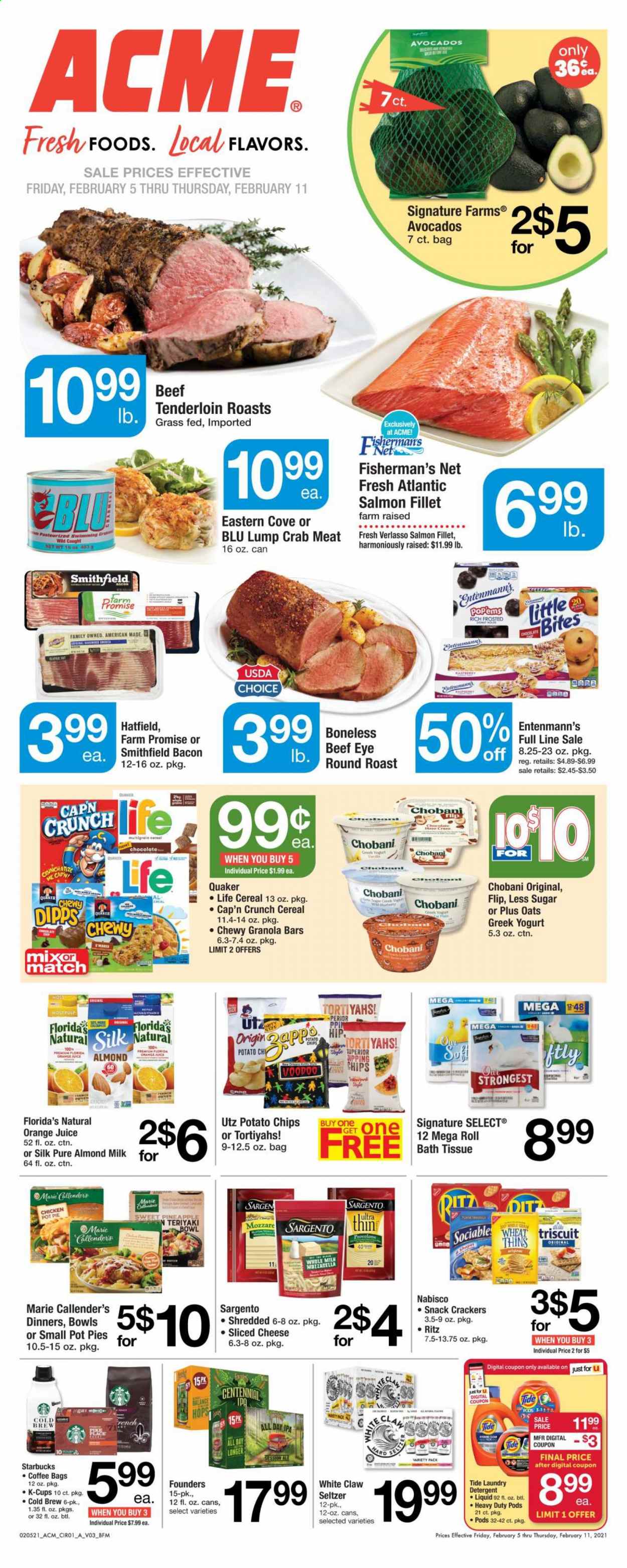 thumbnail - ACME Flyer - 02/05/2021 - 02/11/2021 - Sales products - pot pie, pie, Entenmann's, Little Bites, crab meat, salmon, salmon fillet, crab, Quaker, Marie Callender's, bacon, mozzarella, sliced cheese, cheese, Sargento, greek yoghurt, yoghurt, Chobani, almond milk, Silk, chocolate, crackers, Florida's Natural, RITZ, potato chips, chips, snack, Thins, oats, cereals, granola bar, Cap'n Crunch, teriyaki sauce, orange juice, juice, seltzer water, coffee, Starbucks, coffee capsules, K-Cups, White Claw, IPA, beef meat, round roast, bath tissue, detergent, Tide, laundry detergent, bowl, cap, bag. Page 3.