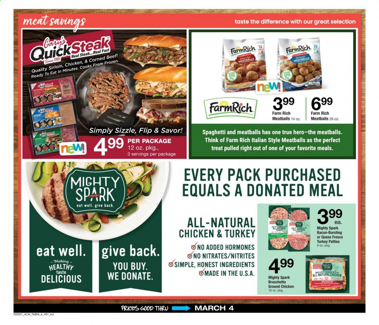 thumbnail - ACME Flyer - 02/05/2021 - 03/04/2021 - Sales products - meatballs, bacon, queso fresco, spaghetti, Cook's, ground chicken, beef meat, corned beef, steak. Page 4.