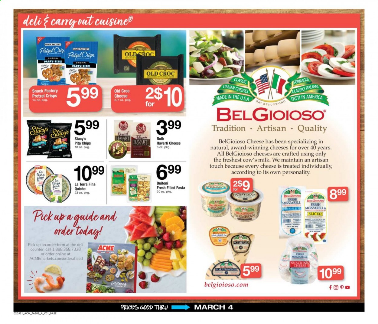 thumbnail - ACME Flyer - 02/05/2021 - 03/04/2021 - Sales products - Buitoni, mozzarella, Havarti, parmesan, cheese, milk, quiche, chips, snack, pretzel crisps, pasta, Joy, Sharp. Page 8.