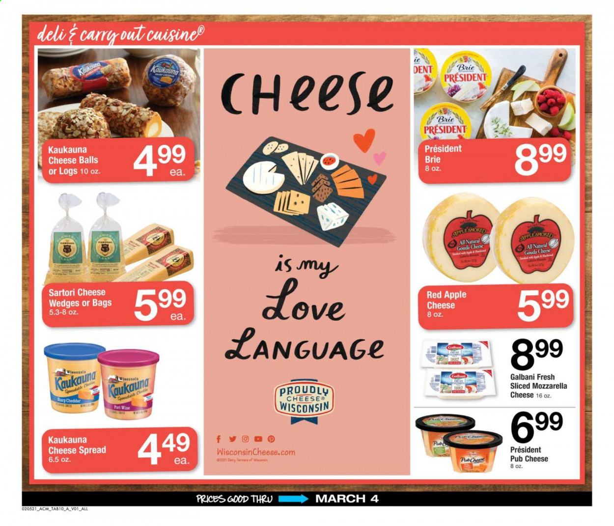 thumbnail - ACME Flyer - 02/05/2021 - 03/04/2021 - Sales products - cheese spread, gouda, mozzarella, cheddar, pub cheese, brie, Président, Galbani, port wine, wine, bag. Page 10.