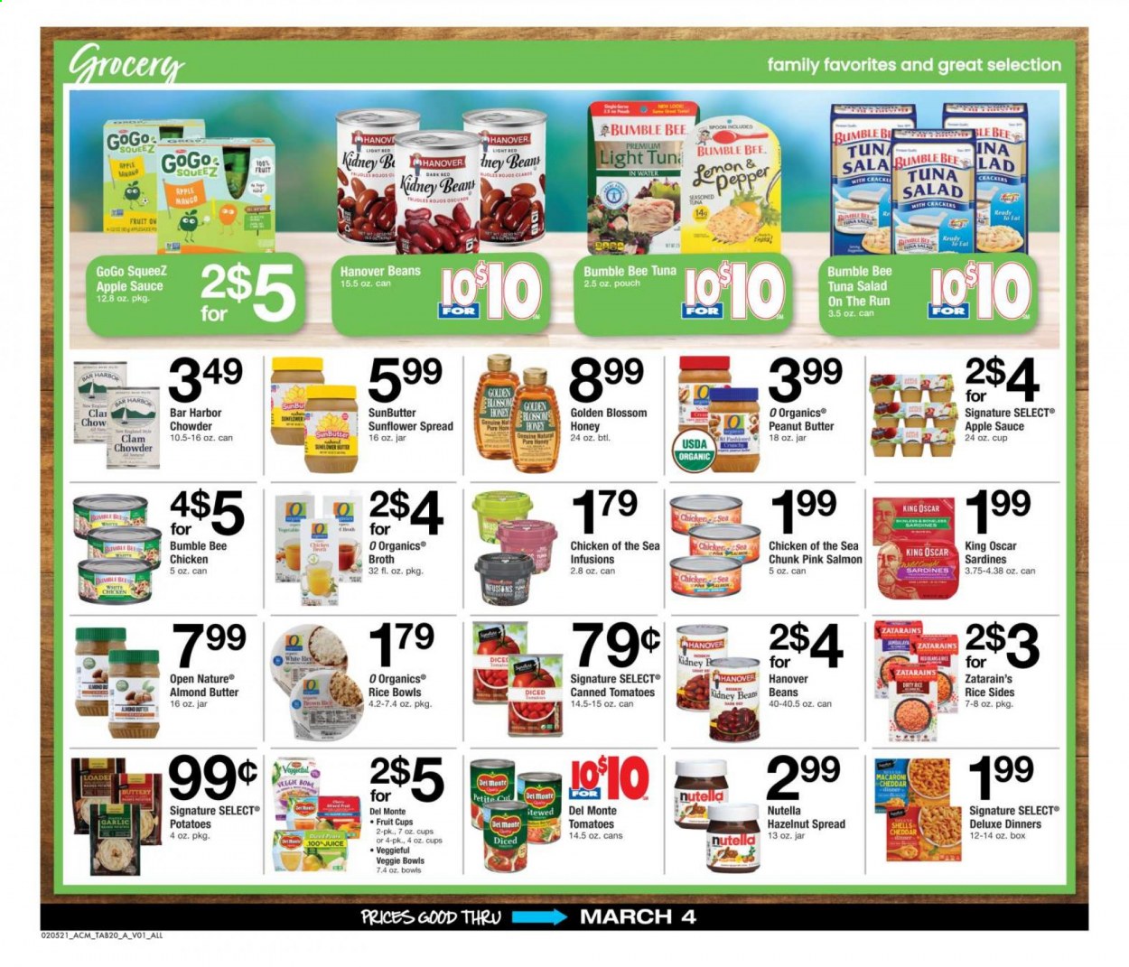 thumbnail - ACME Flyer - 02/05/2021 - 03/04/2021 - Sales products - fruit cup, salmon, sardines, tuna, salad, sauce, tuna salad, almond butter, Blossom, beans, Nutella, broth, kidney beans, Chicken of the Sea, clam chowder, apple sauce, honey, peanut butter, hazelnut spread, almonds. Page 20.