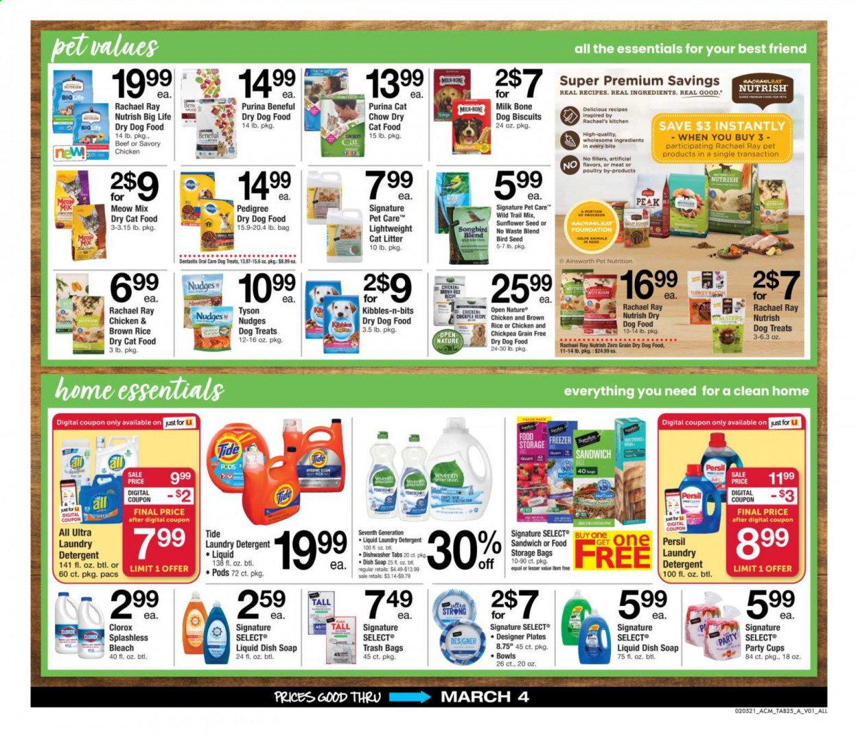 thumbnail - ACME Flyer - 02/05/2021 - 03/04/2021 - Sales products - sandwich, milk, sunflower seeds, detergent, Clorox, Tide, Persil, bleach, laundry detergent, soap, trash bags, storage bag, plate, party cups, cup, cat litter, animal food, bird food, cat food, dog food, Purina, dog biscuits, Dentastix, Pedigree, dry dog food, dry cat food, Meow Mix, Nutrish, bag. Page 25.