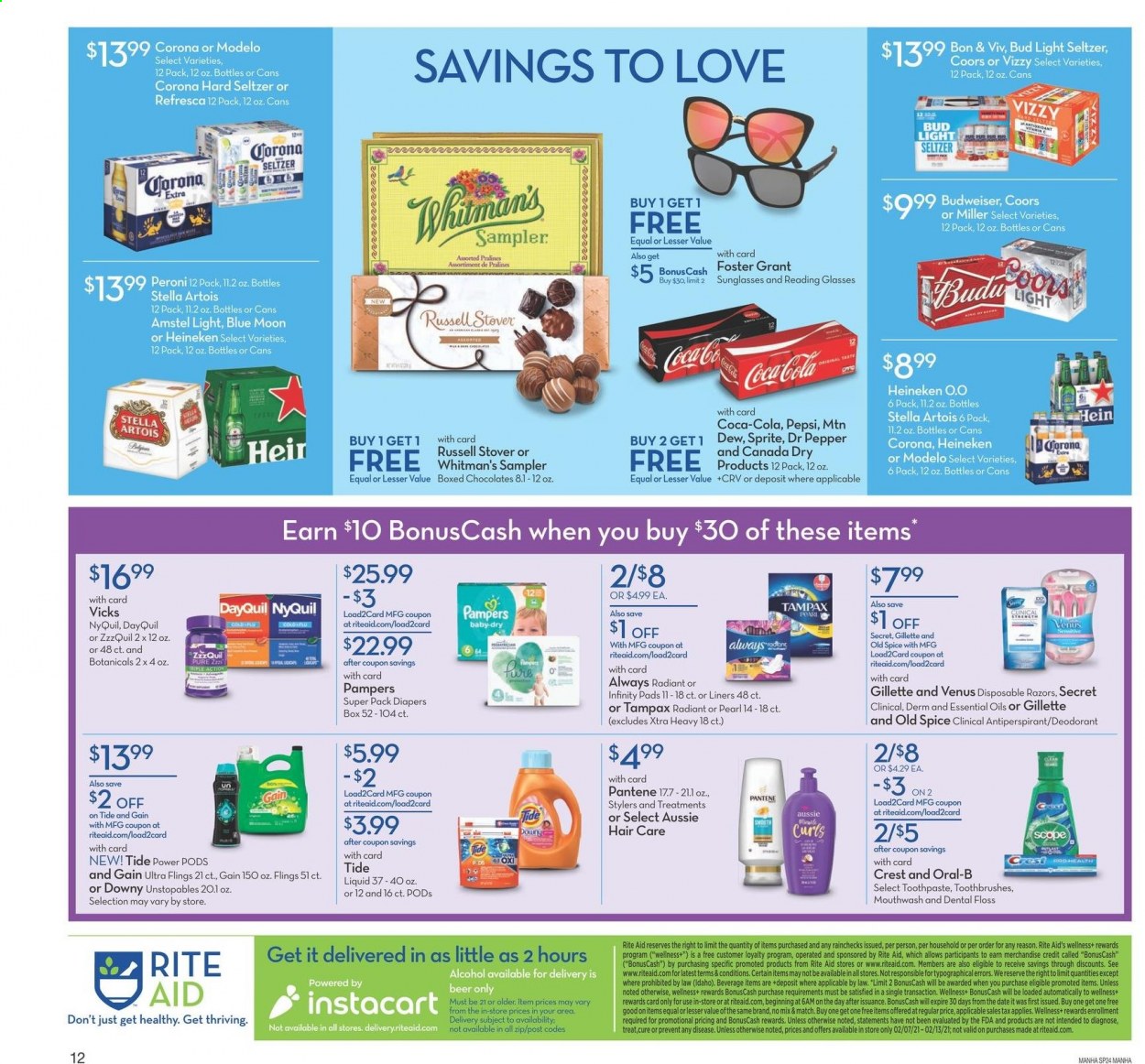 thumbnail - RITE AID Flyer - 02/07/2021 - 02/13/2021 - Sales products - pralines, chocolate, Canada Dry, Coca-Cola, Sprite, Pepsi, Dr. Pepper, seltzer water, alcohol, Hard Seltzer, beer, Budweiser, Stella Artois, Coors, Blue Moon, Bud Light, Corona Extra, Heineken, Peroni, Miller, Modelo, Pampers, Gain, Tide, Unstopables, XTRA, Old Spice, Oral-B, toothpaste, mouthwash, Crest, Tampax, Infinity, Aussie, Pantene, anti-perspirant, deodorant, Gillette, Venus, disposable razor, Vicks, essential oils, sunglasses, DayQuil, ZzzQuil, NyQuil. Page 2.