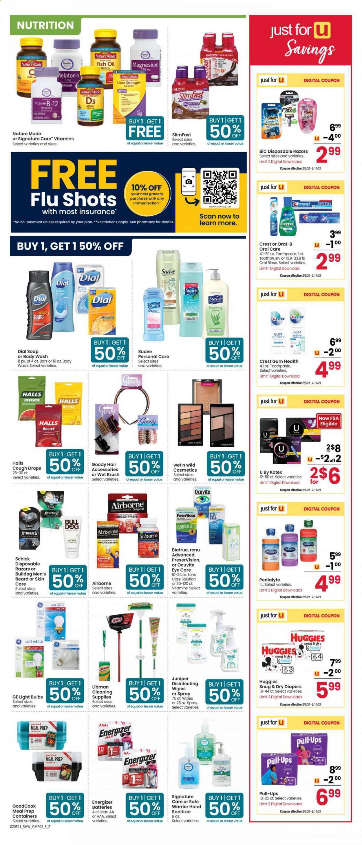 thumbnail - Shaw’s Flyer - 02/05/2021 - 02/11/2021 - Sales products - Slimfast, Halls, chocolate, sugar, fish oil, spring water, wipes, body wash, Suave, Dial, soap, toothbrush, Oral-B, toothpaste, Crest, Kotex, BIC, Schick, disposable razor, battery, bulb, Energizer, light bulb, magnesium, Melatonin, Nature Made, vitamin c, Ocuvite, Biotrue, vitamin D3, cough drops. Page 6.