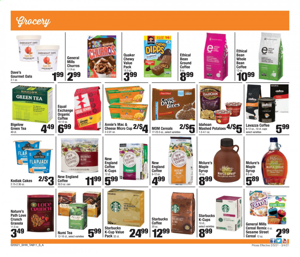 thumbnail - Shaw’s Flyer - 02/05/2021 - 03/04/2021 - Sales products - toast bread, cake, eel, mashed potatoes, Quaker, Annie's, cheddar, cheese, beans, oats, cereals, granola, churros, maple syrup, syrup, green tea, tea, Starbucks, organic coffee, ground coffee, coffee capsules, K-Cups, Keurig, Lavazza, Sesame Street. Page 11.
