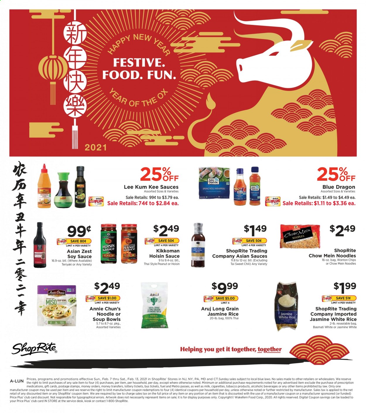 thumbnail - ShopRite Flyer - 02/07/2021 - 02/13/2021 - Sales products - soup, milk, chips, basmati rice, rice, jasmine rice, white rice, noodles, soy sauce, hoisin sauce, Kikkoman, teriyaki sauce, Lee Kum Kee, peanuts. Page 1.
