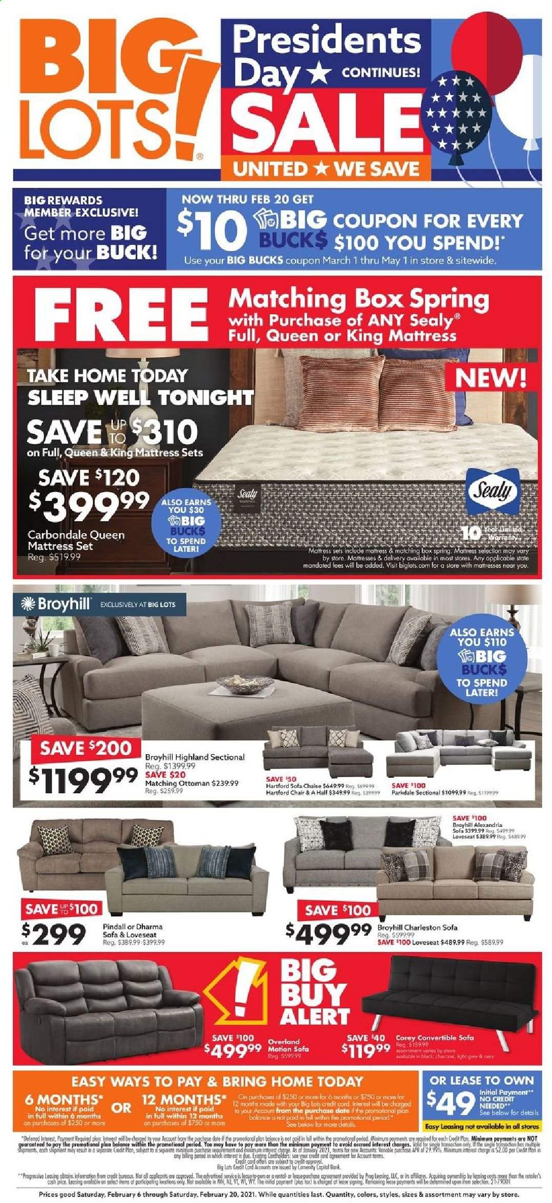 thumbnail - Big Lots Flyer - 02/06/2021 - 02/20/2021 - Sales products - chair, loveseat, sofa, ottoman, mattress. Page 1.