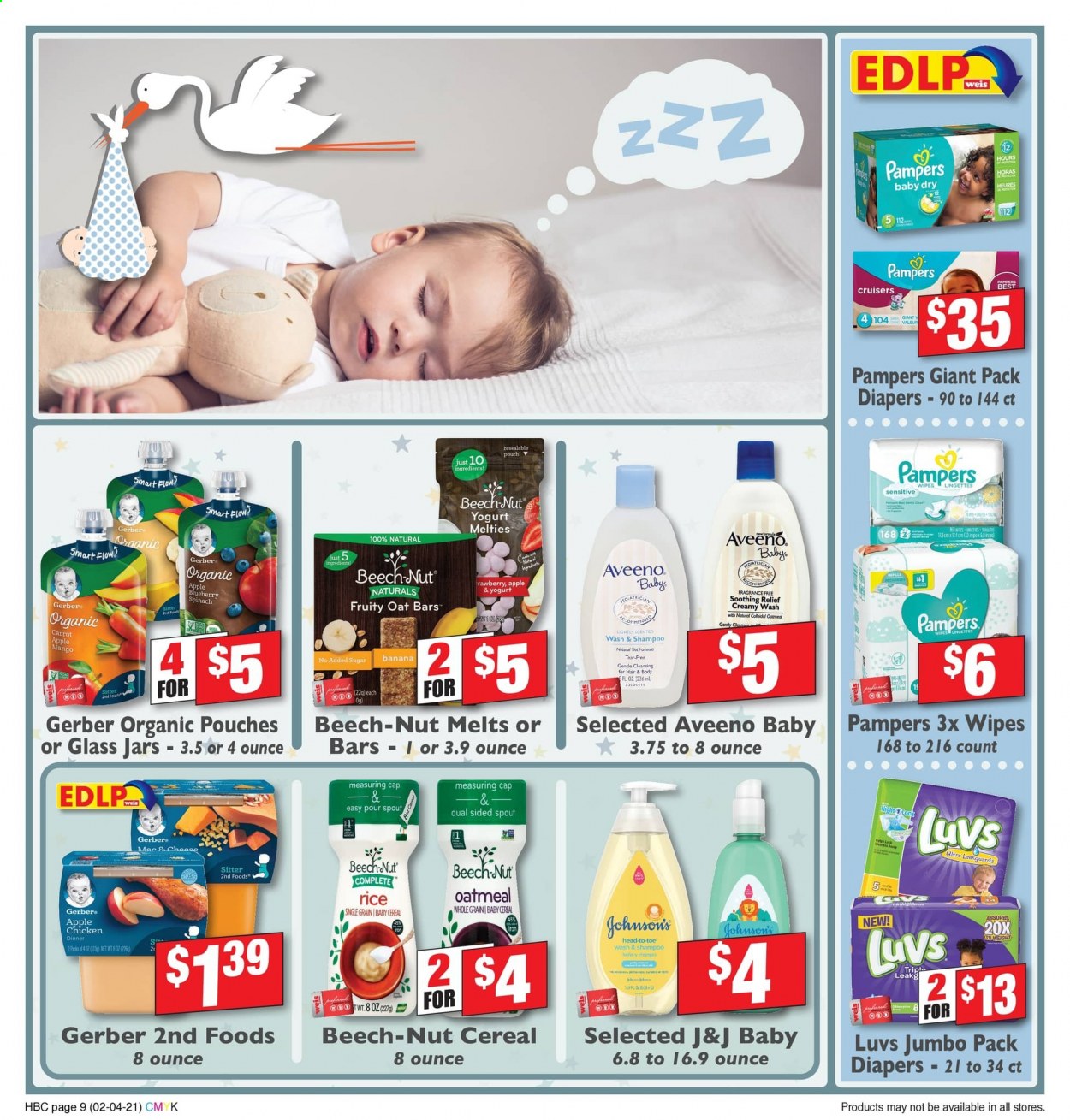 thumbnail - Weis Flyer - 02/04/2021 - 03/11/2021 - Sales products - yoghurt, mango, spinach, Gerber, oatmeal, cereals, rice, Pampers, Johnson's, Aveeno, wipes, shampoo, jar. Page 9.