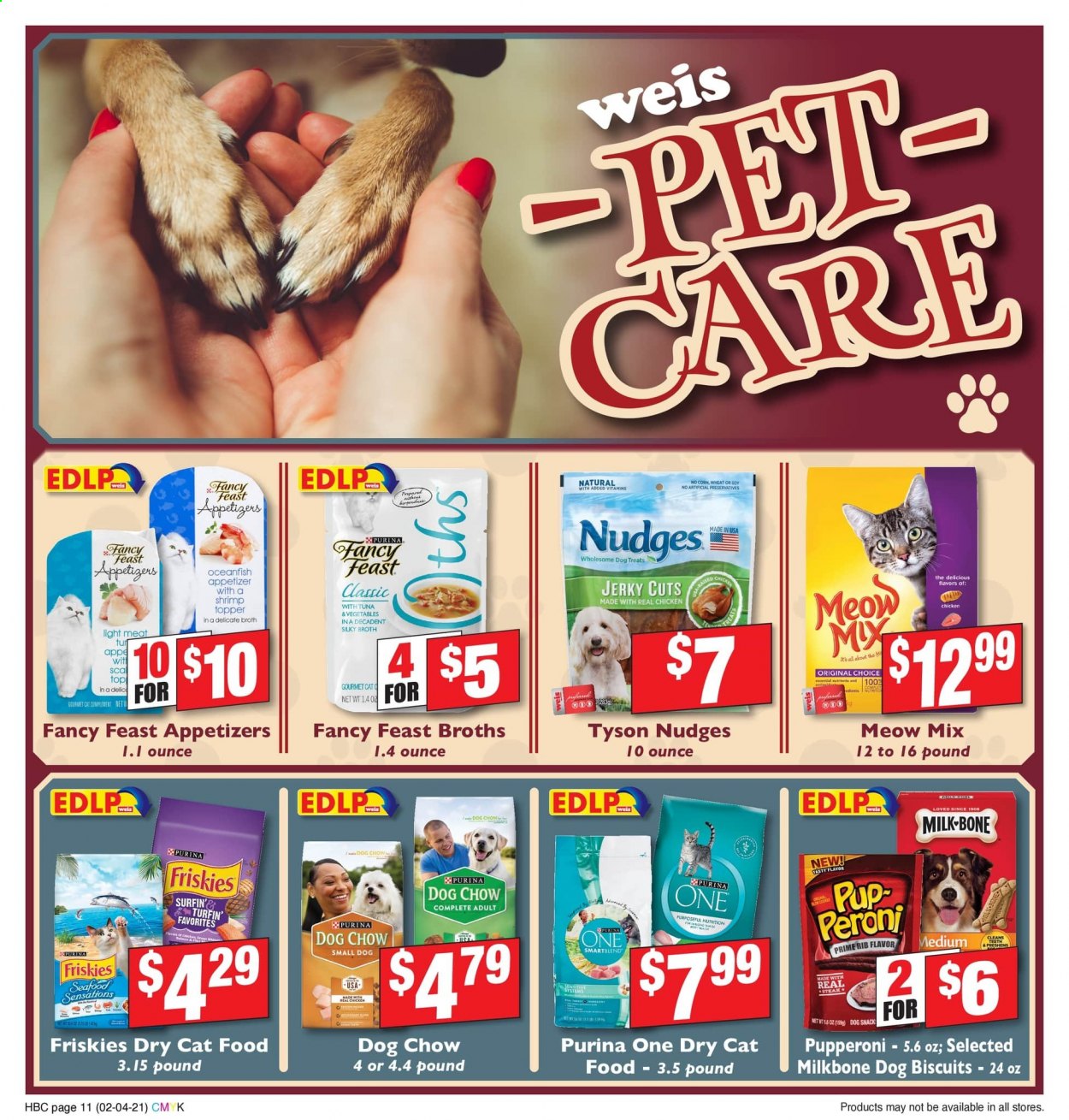 thumbnail - Weis Flyer - 02/04/2021 - 03/11/2021 - Sales products - steak, tuna, shrimps, jerky, milk, corn, snack, broth, Peroni, animal food, cat food, Dog Chow, Purina, dog biscuits, dry cat food, Meow Mix, Fancy Feast, Friskies. Page 10.