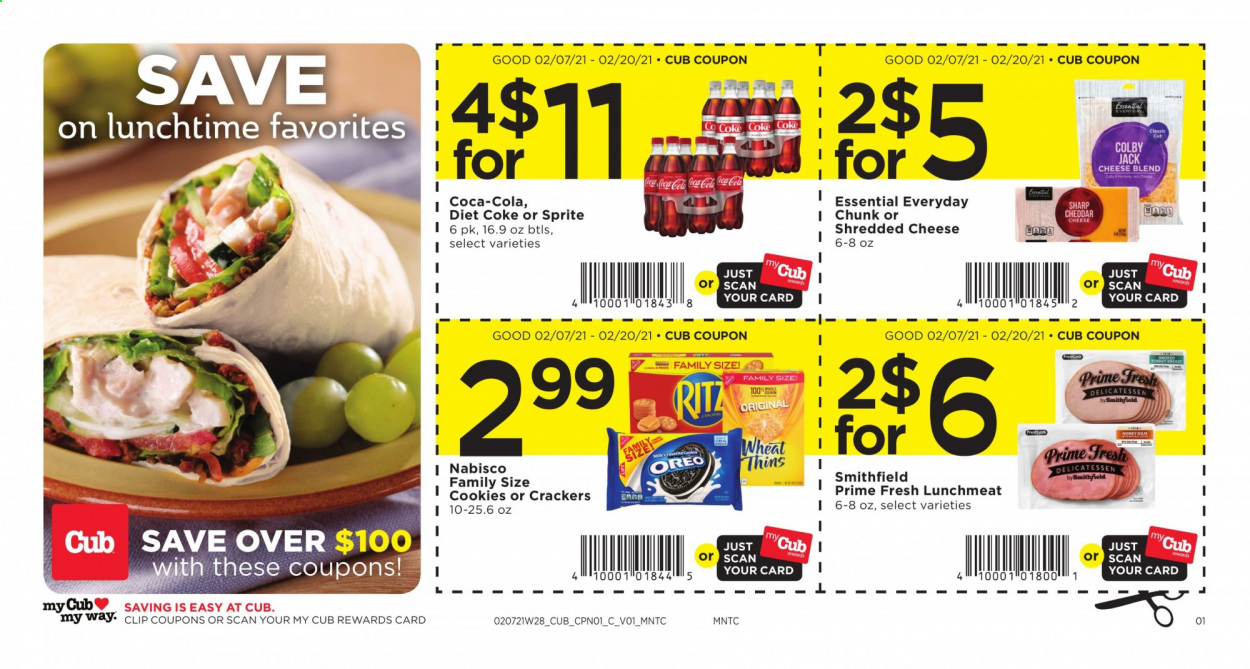 thumbnail - Cub Foods Flyer - 02/07/2021 - 02/20/2021 - Sales products - ham, lunch meat, Colby cheese, shredded cheese, cheddar, Oreo, cookies, crackers, Thins, Coca-Cola, Sprite, Diet Coke. Page 1.