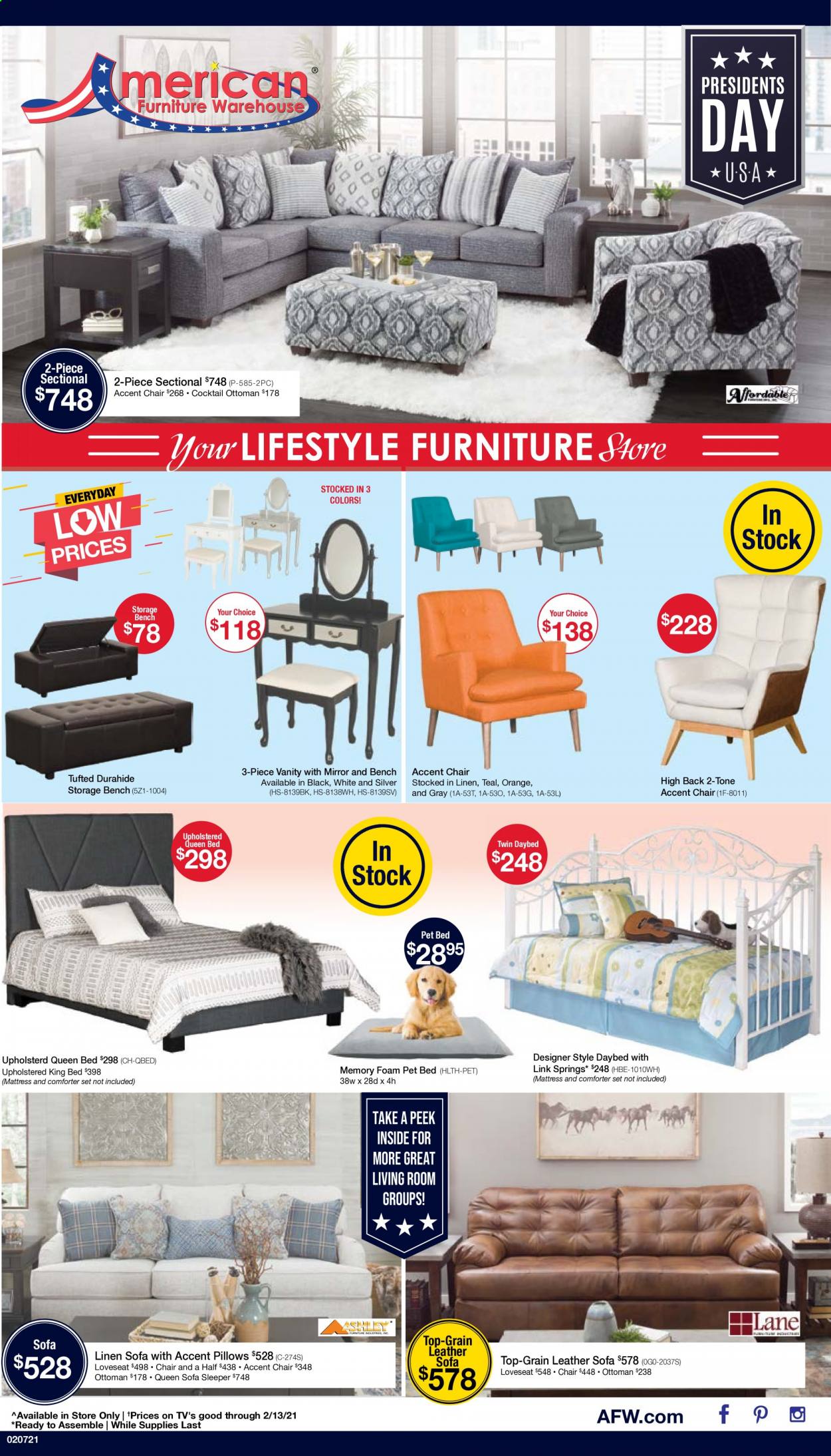thumbnail - American Furniture Warehouse Flyer - 02/06/2021 - 02/13/2021 - Sales products - chair, 2-piece sectional, accent chair, leather sofa, loveseat, sofa, ottoman, daybed, king bed, queen bed, mattress, vanity, storage bench, mirror, comforter, pillow. Page 1.