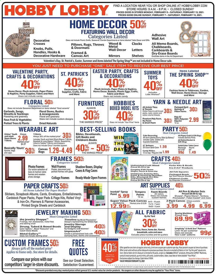 thumbnail - Hobby Lobby Flyer - 02/07/2021 - 02/13/2021 - Sales products - sticker, gift wrap, pen, envelope, paper, pencil, scrapbook, sketch pad, canvas, balloons, Sharpie, pillow, quilt, satin sheets, mirror, wall decor. Page 1.