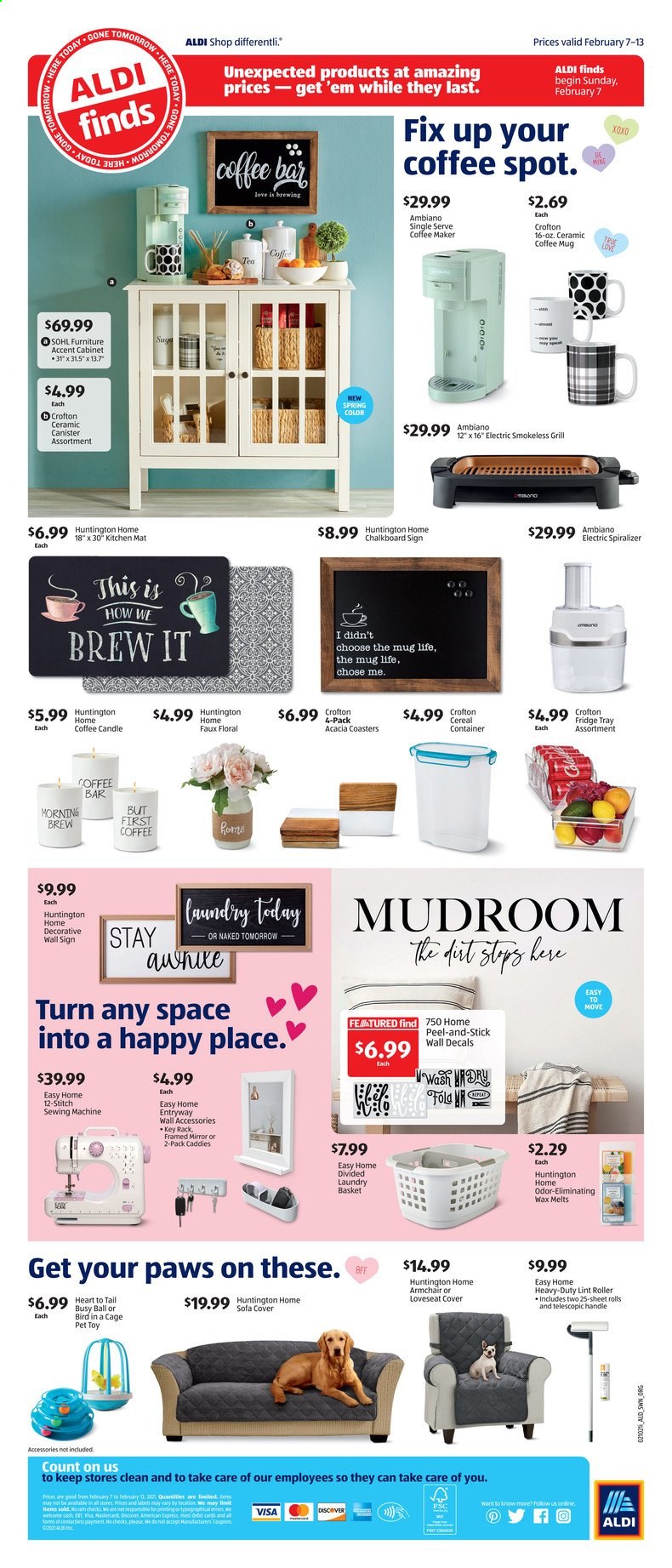 thumbnail - ALDI Flyer - 02/07/2021 - 02/13/2021 - Sales products - cereals, L'Or, basket, mug, tray, canister, chalkboard, lint roller, candle, cage, Paws, refrigerator, fridge, coffee machine, sewing machine, roller, toys, kitchen mat, grill. Page 2.