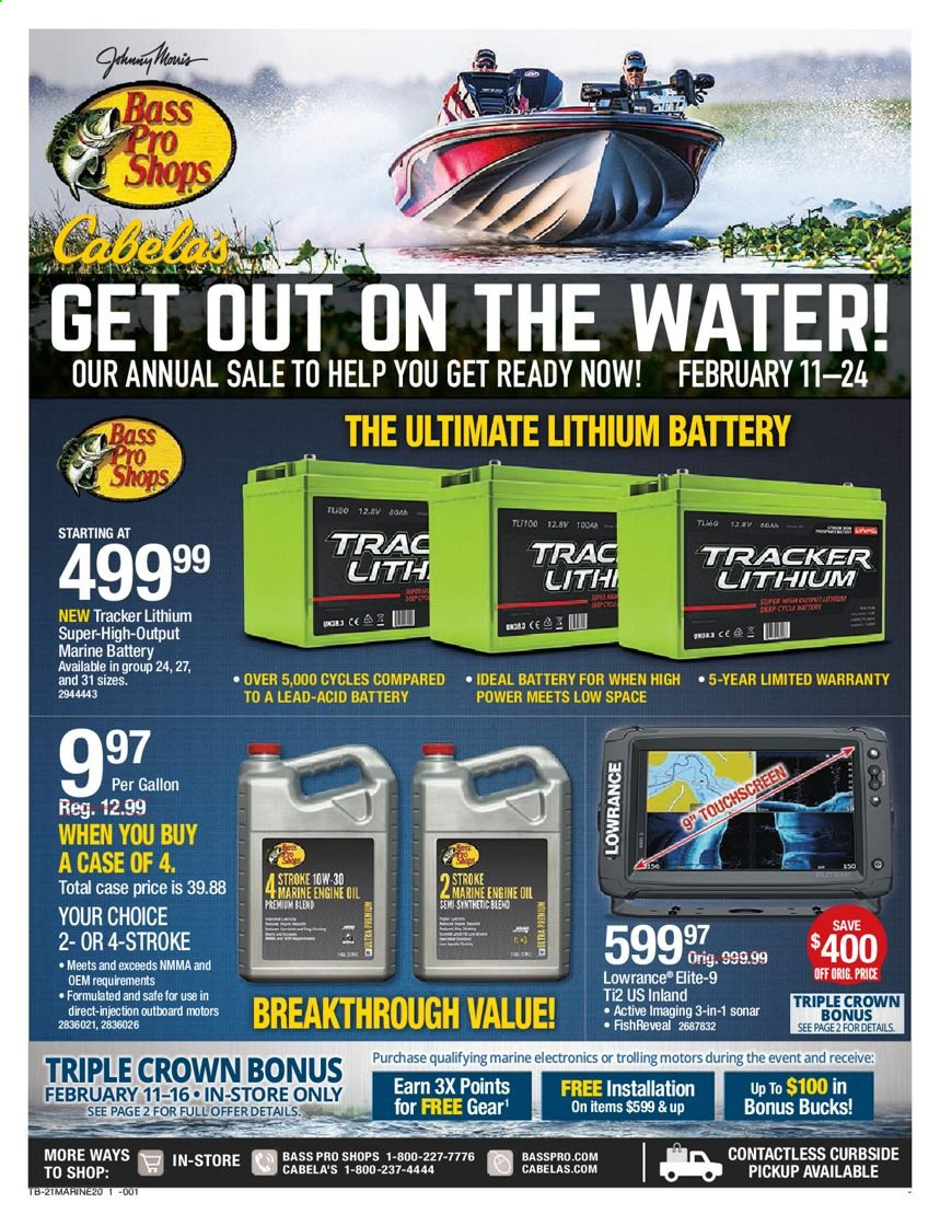 thumbnail - Cabela's Flyer - 02/11/2021 - 02/24/2021 - Sales products - battery, Bass Pro, Lowrance, sonar. Page 1.