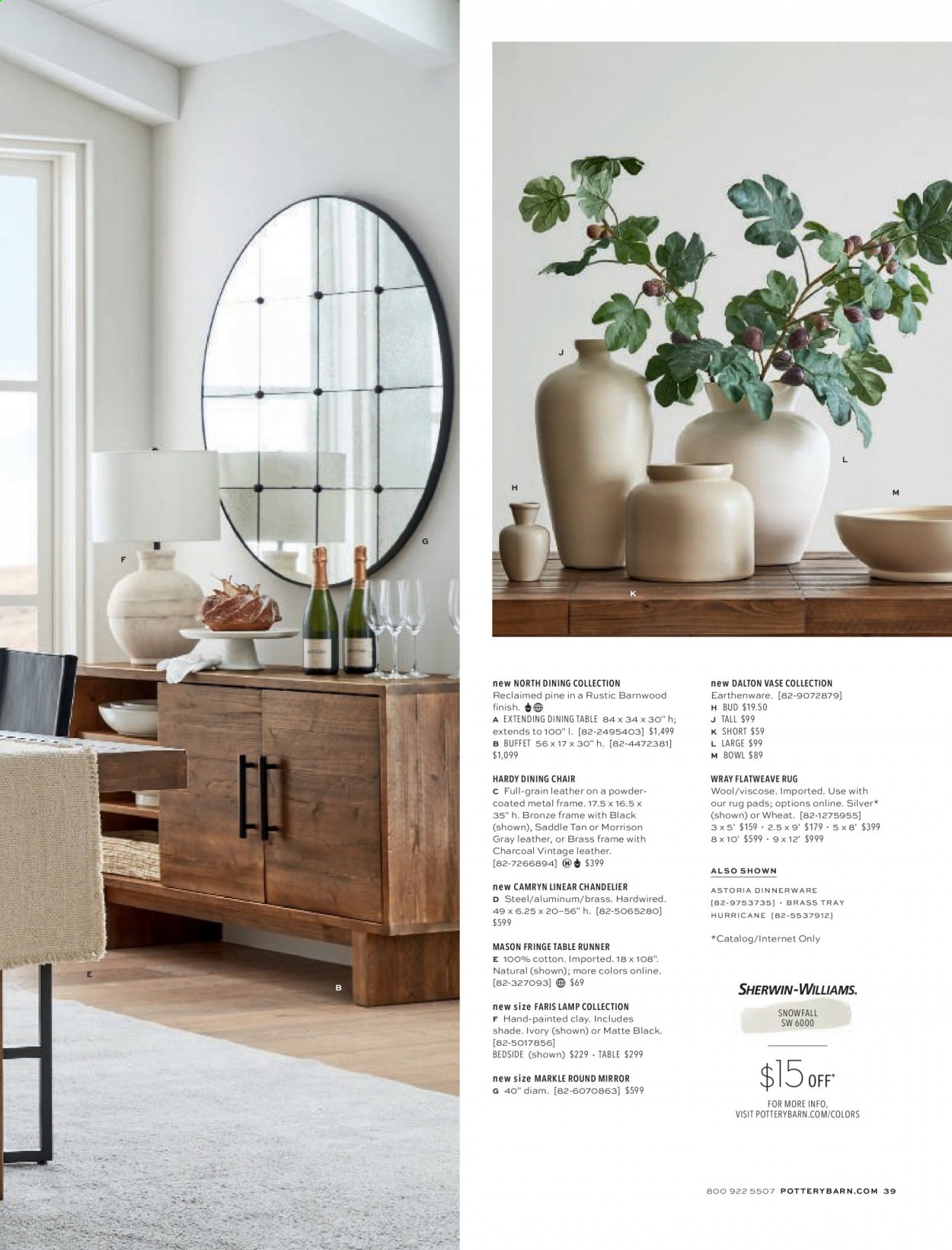 thumbnail - Pottery Barn Flyer - Sales products - dining table, chair, dining chair, mirror, metal frame, vase, bowl, table runner, lamp, chandelier, rug. Page 39.