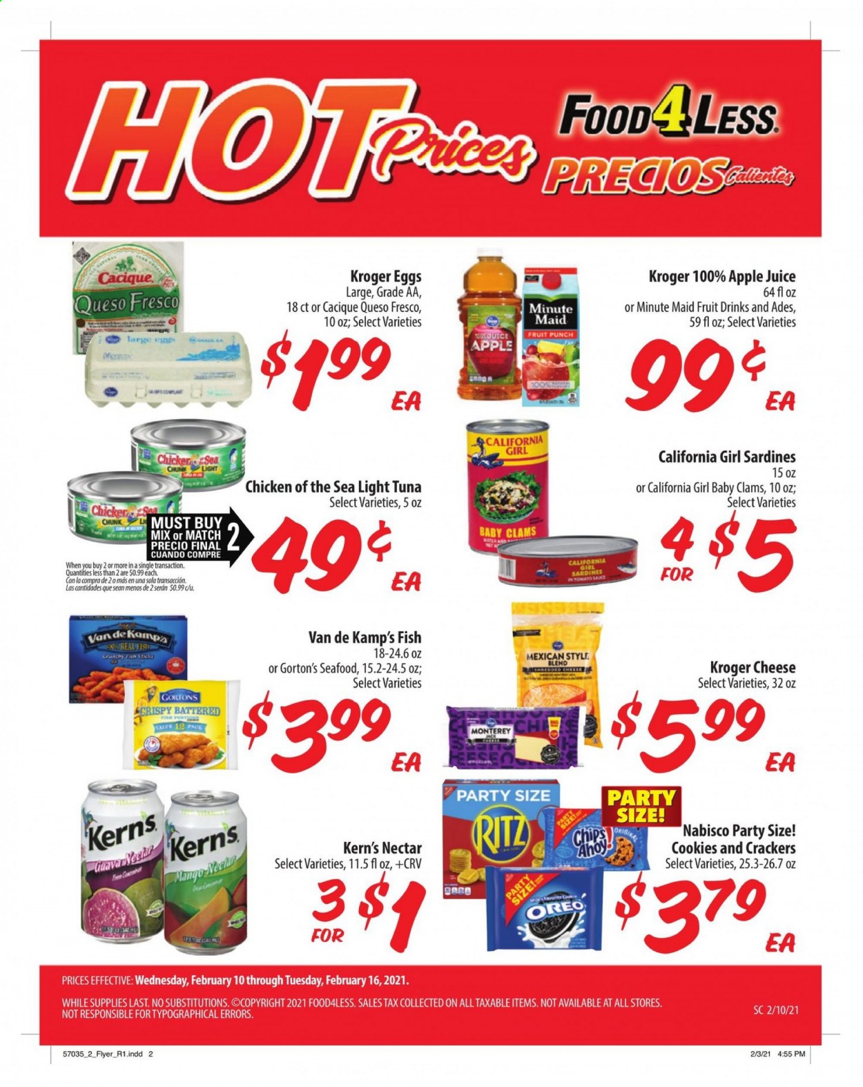 thumbnail - Food 4 Less Flyer - 02/10/2021 - 02/16/2021 - Sales products - Apple, clams, sardines, tuna, seafood, fish, Van de Kamp's, Gorton's, Monterey Jack cheese, queso fresco, cheese, Oreo, eggs, mango, cookies, crackers, RITZ, chips, light tuna, Chicken of the Sea, apple juice, juice, Kern's. Page 2.