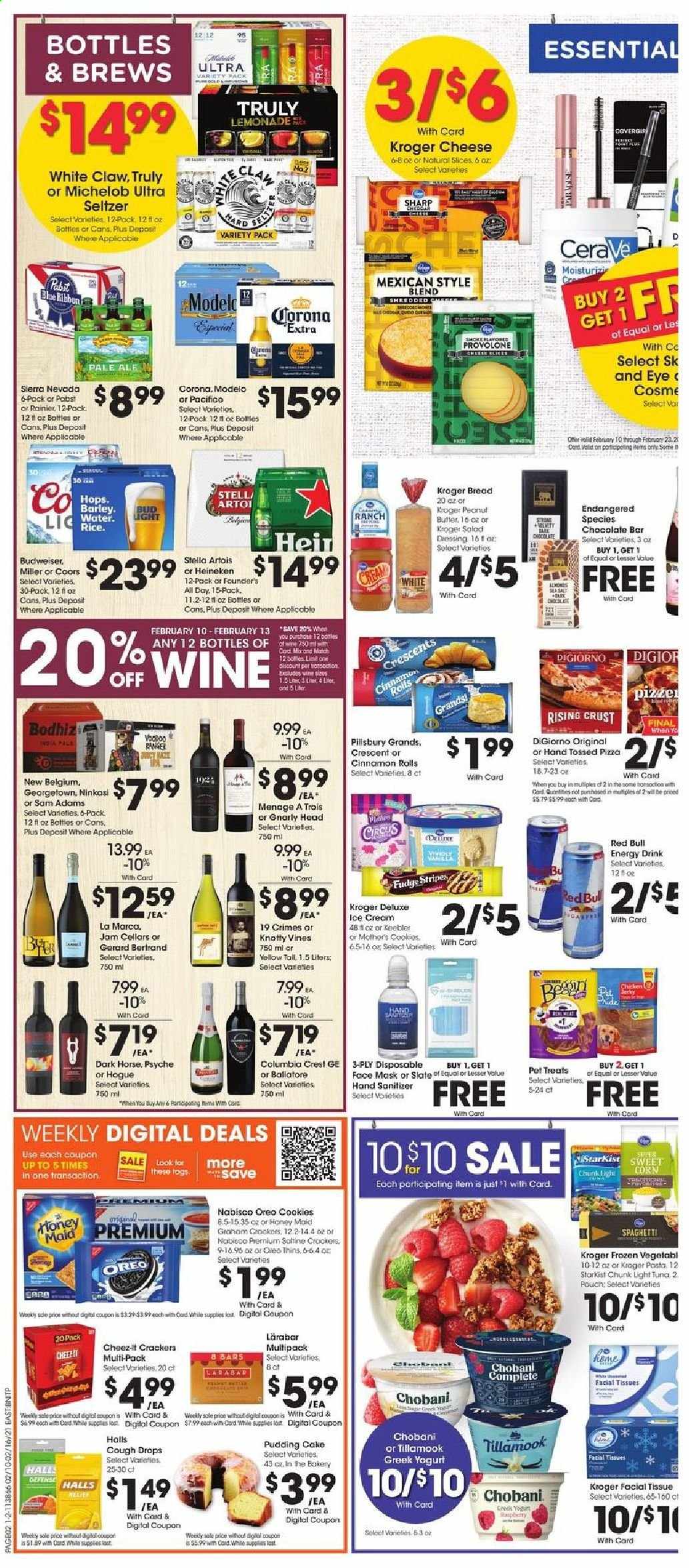 thumbnail - Fred Meyer Flyer - 02/10/2021 - 02/16/2021 - Sales products - Budweiser, Stella Artois, Coors, Michelob, bread, cinnamon roll, cake, StarKist, pizza, Pillsbury, cheese, greek yoghurt, pudding, Oreo, yoghurt, Chobani, ice cream, corn, sweet corn, cookies, fudge, Halls, chocolate, crackers, Keebler, Thins, Cheez-It, light tuna, Honey Maid, rice, spaghetti, pasta, salad dressing, dressing, fruit jam, peanut butter, lemonade, energy drink, Red Bull, seltzer water, L'Or, wine, White Claw, TRULY, beer, Corona Extra, Heineken, Miller, Modelo, tissues, Crest, CeraVe, facial tissues, hand sanitizer, Sharp, ribbon, cough drops, face mask. Page 2.