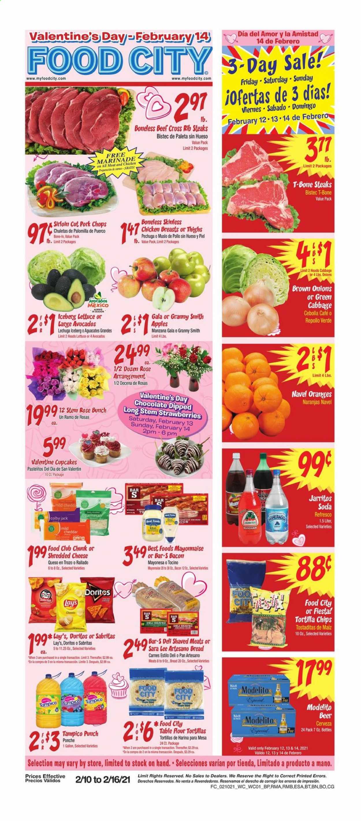 thumbnail - Food City Flyer - 02/10/2021 - 02/16/2021 - Sales products - lettuce, bread, Sara Lee, cupcake, apples, oranges, bacon, Colby cheese, mild cheddar, shredded cheese, parmesan, mayonnaise, strawberries, chocolate, Doritos, tortilla chips, chips, Lay’s, marinade, soda, punch, beer, chicken breasts, beef meat, t-bone steak, steak, pork chops, pork meat, avocado, Gala. Page 1.