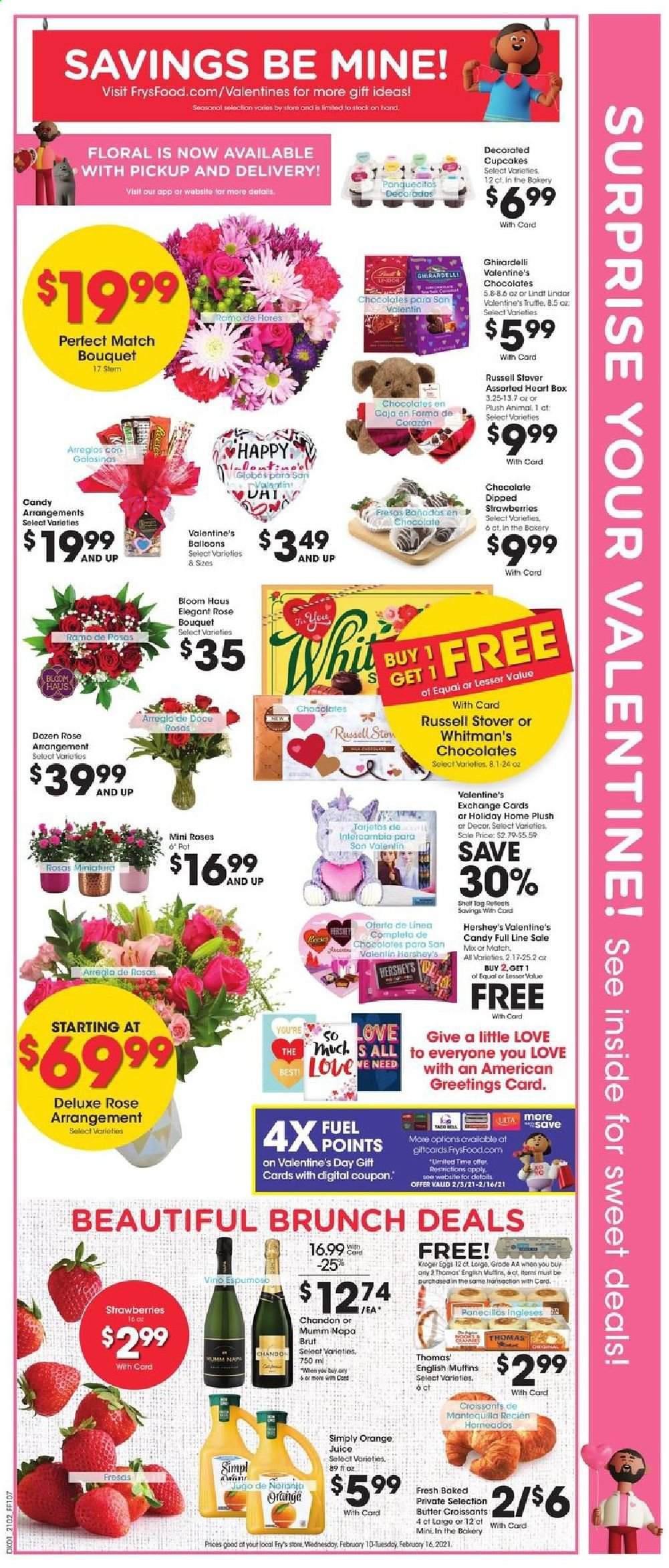 thumbnail - Fry’s Flyer - 02/10/2021 - 02/16/2021 - Sales products - cupcake, croissant, Hershey's, chocolate, Lindt, Lindor, truffles, Ghirardelli, orange juice, juice, Brut, pot, balloons. Page 2.